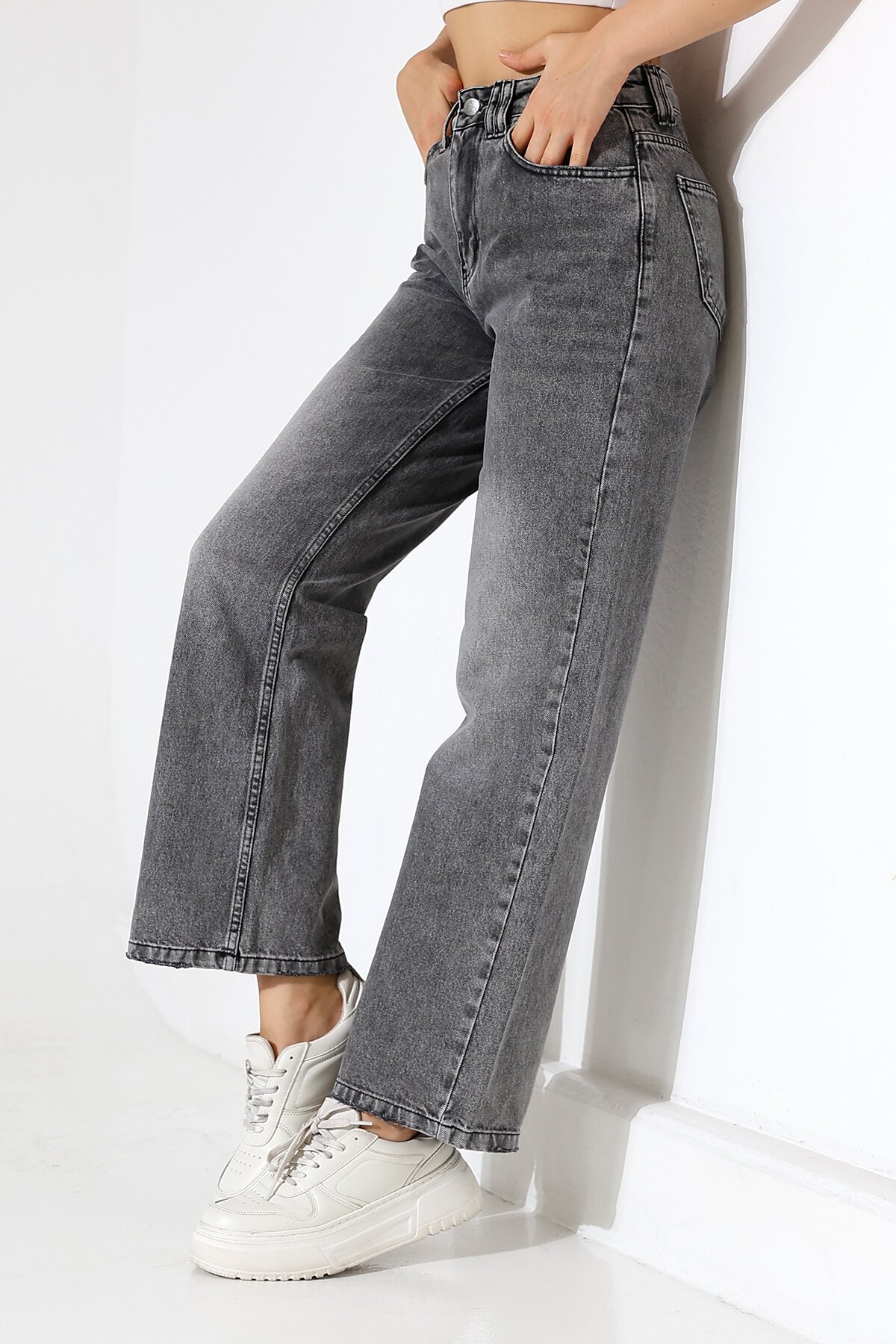 Kadın Gri Yüksek Bel Wide Leg Jean