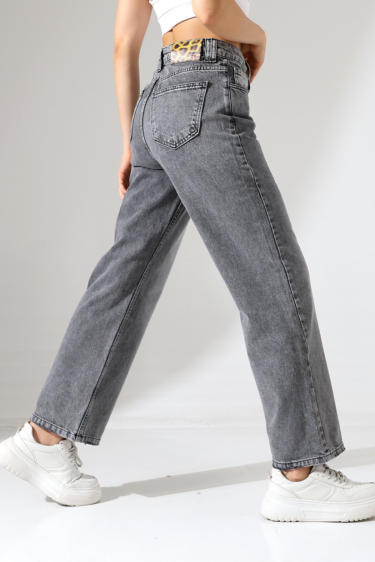 Kadın Gri Yüksek Bel Wide Leg Jean