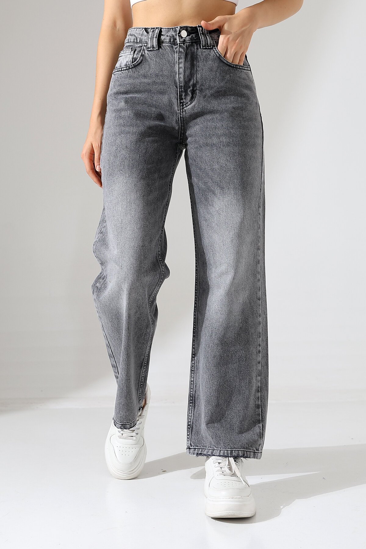 Kadın Gri Yüksek Bel Wide Leg Jean