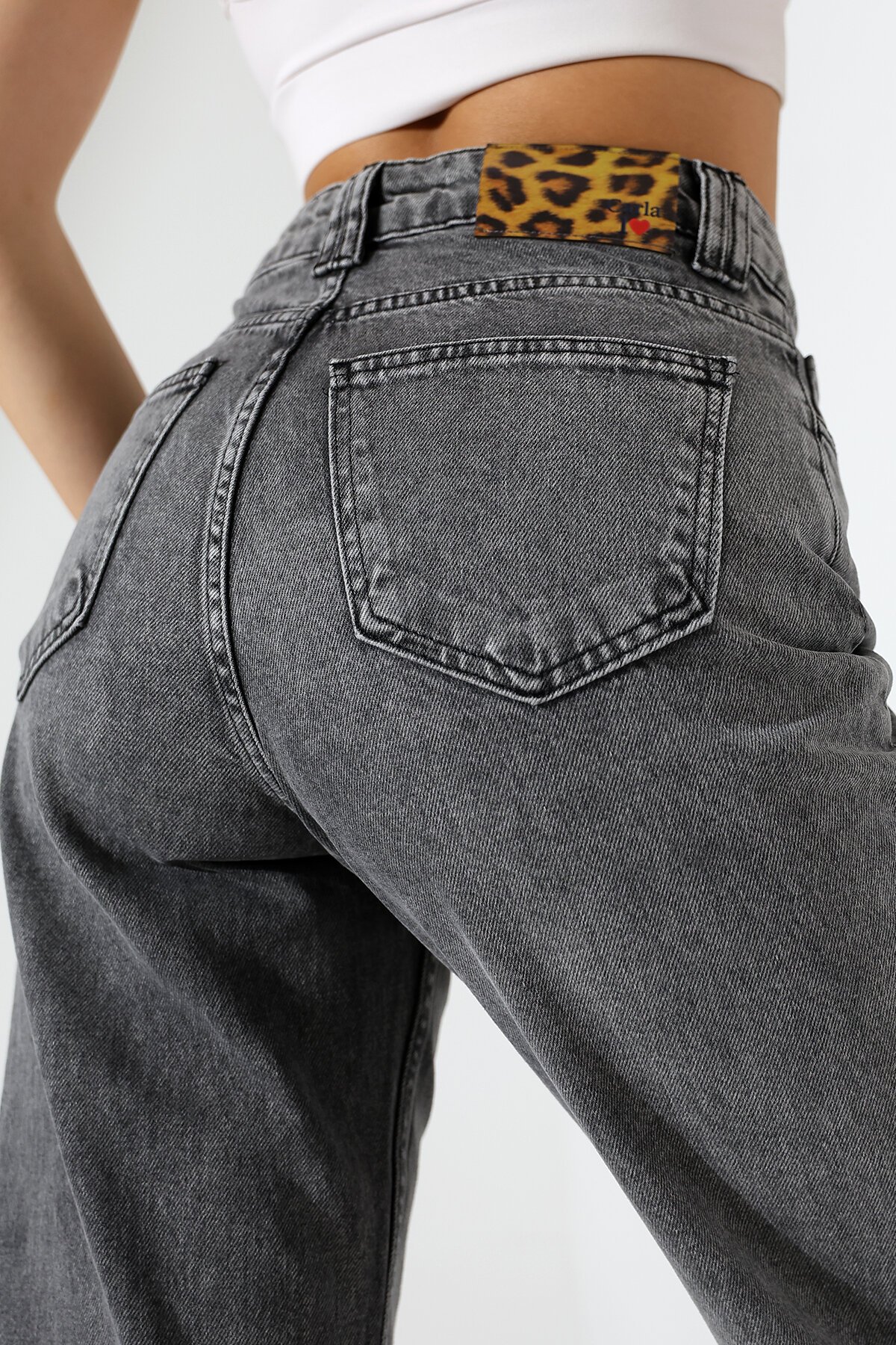 Kadın Gri Yüksek Bel Wide Leg Jean