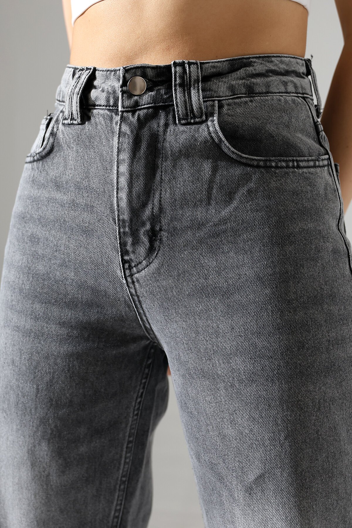 Kadın Gri Yüksek Bel Wide Leg Jean