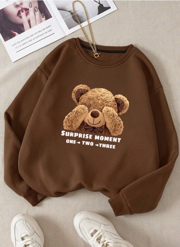 Kadın Kahverengi Ayıcık Baskılı Oversize Sweatshirt
