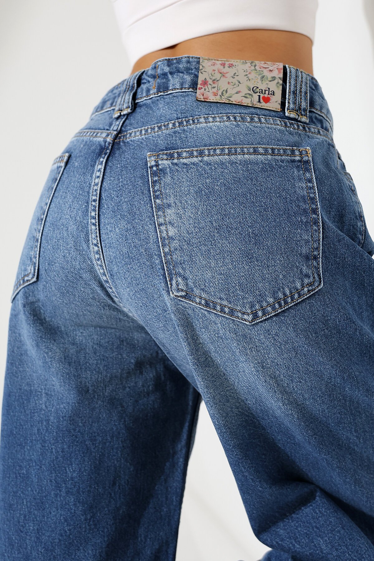 Kadın Mavi Yıkamalı Wide Leg Jean