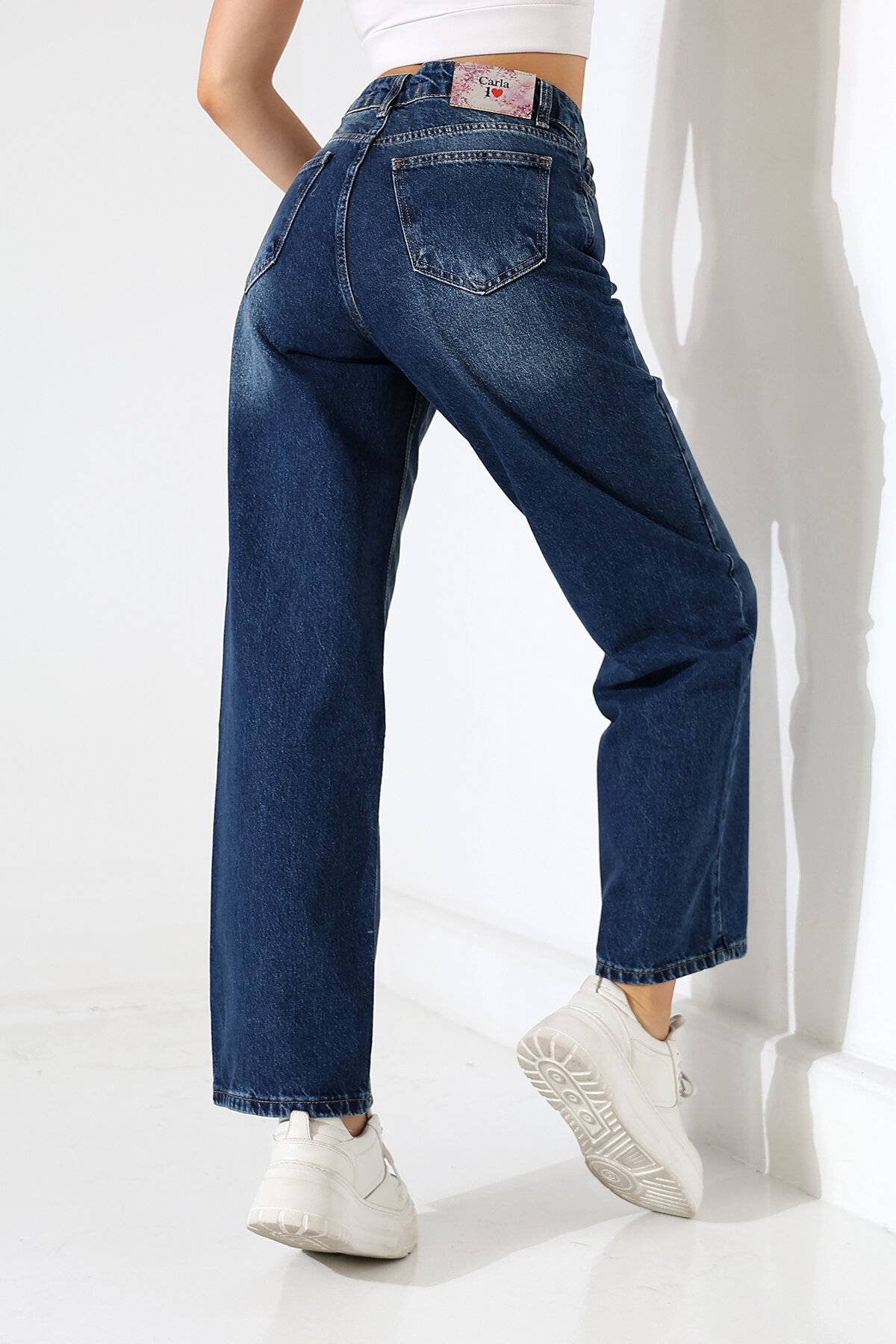 Kadın Orta Mavi Yüksek Bel Bol Paça Jean