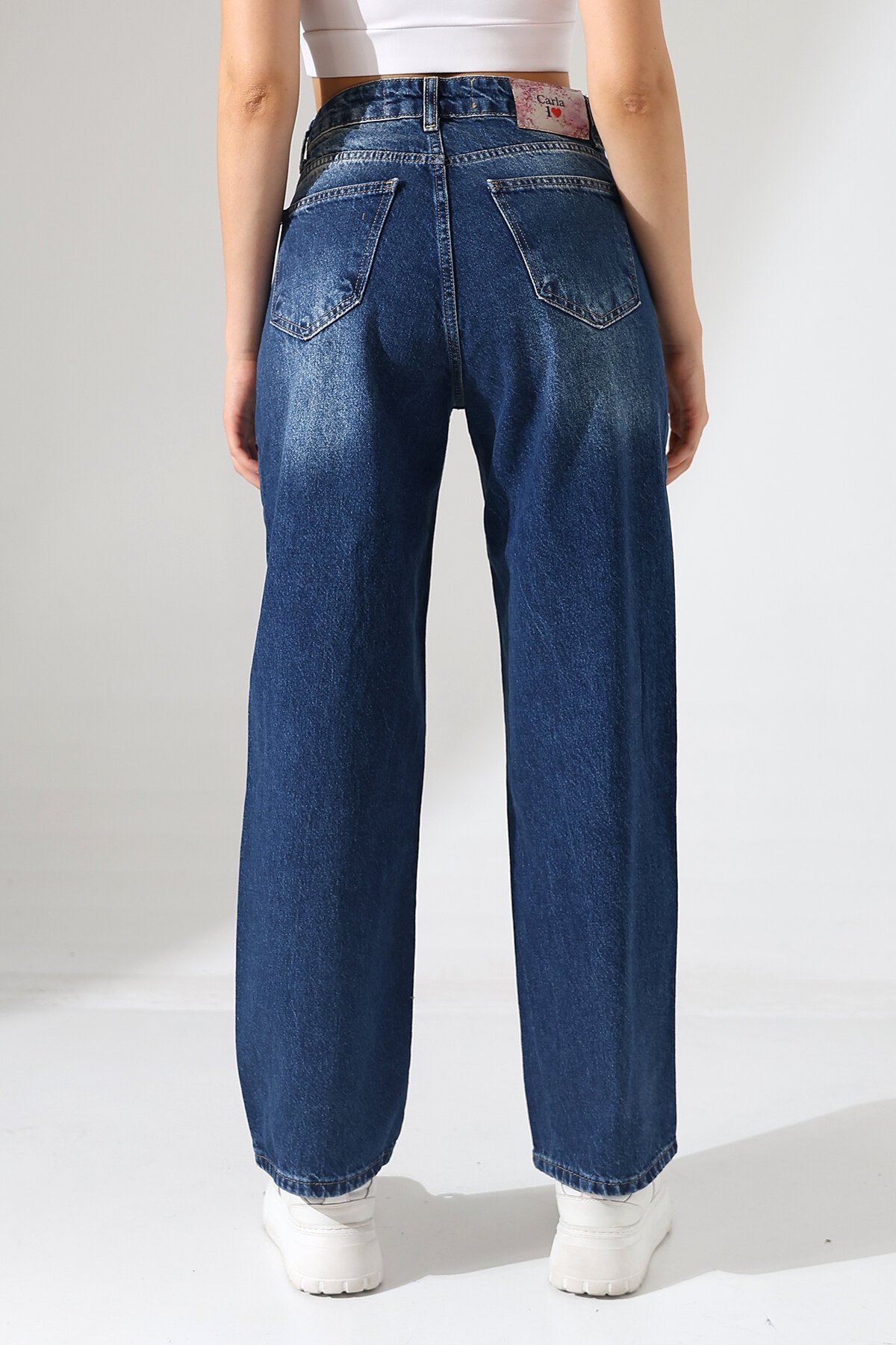 Kadın Orta Mavi Yüksek Bel Bol Paça Jean