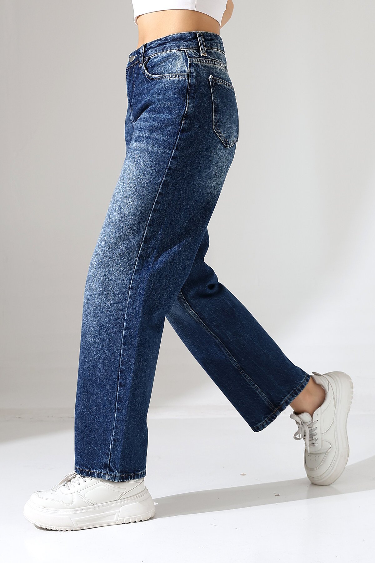 Kadın Orta Mavi Yüksek Bel Bol Paça Jean
