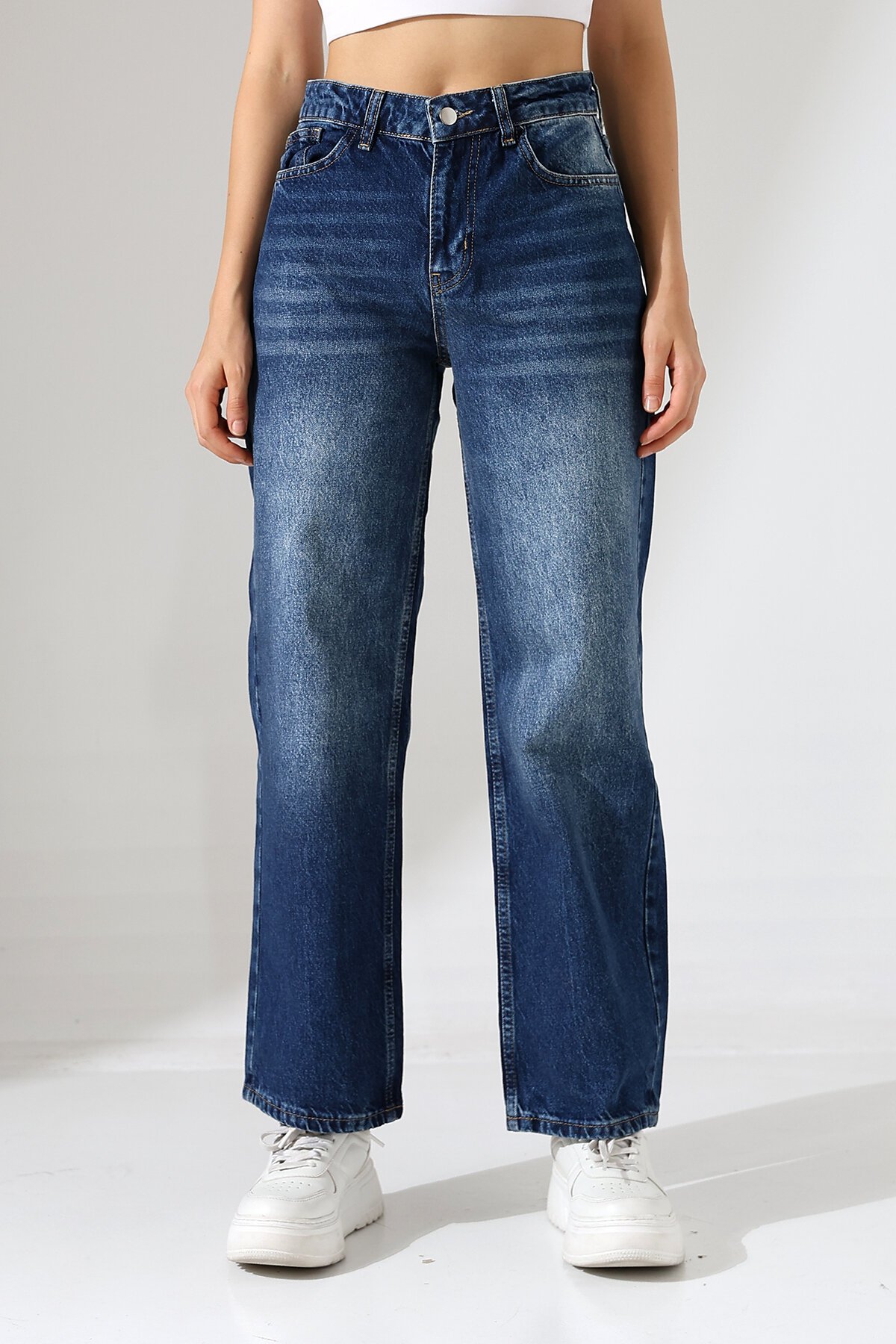 Kadın Orta Mavi Yüksek Bel Bol Paça Jean