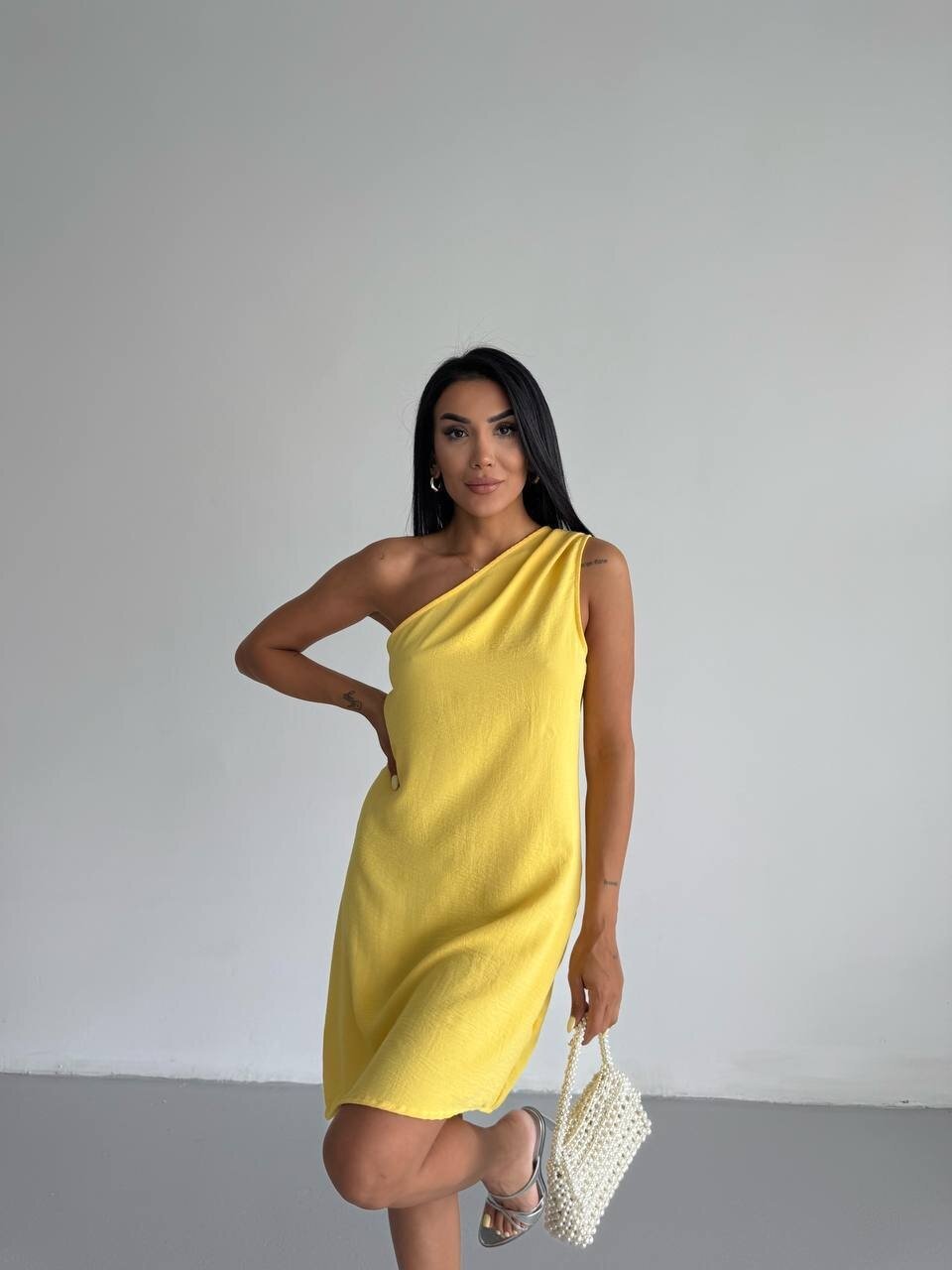 Kadın Sarı Ayrobin Kumaş Tek Omuz Elbise