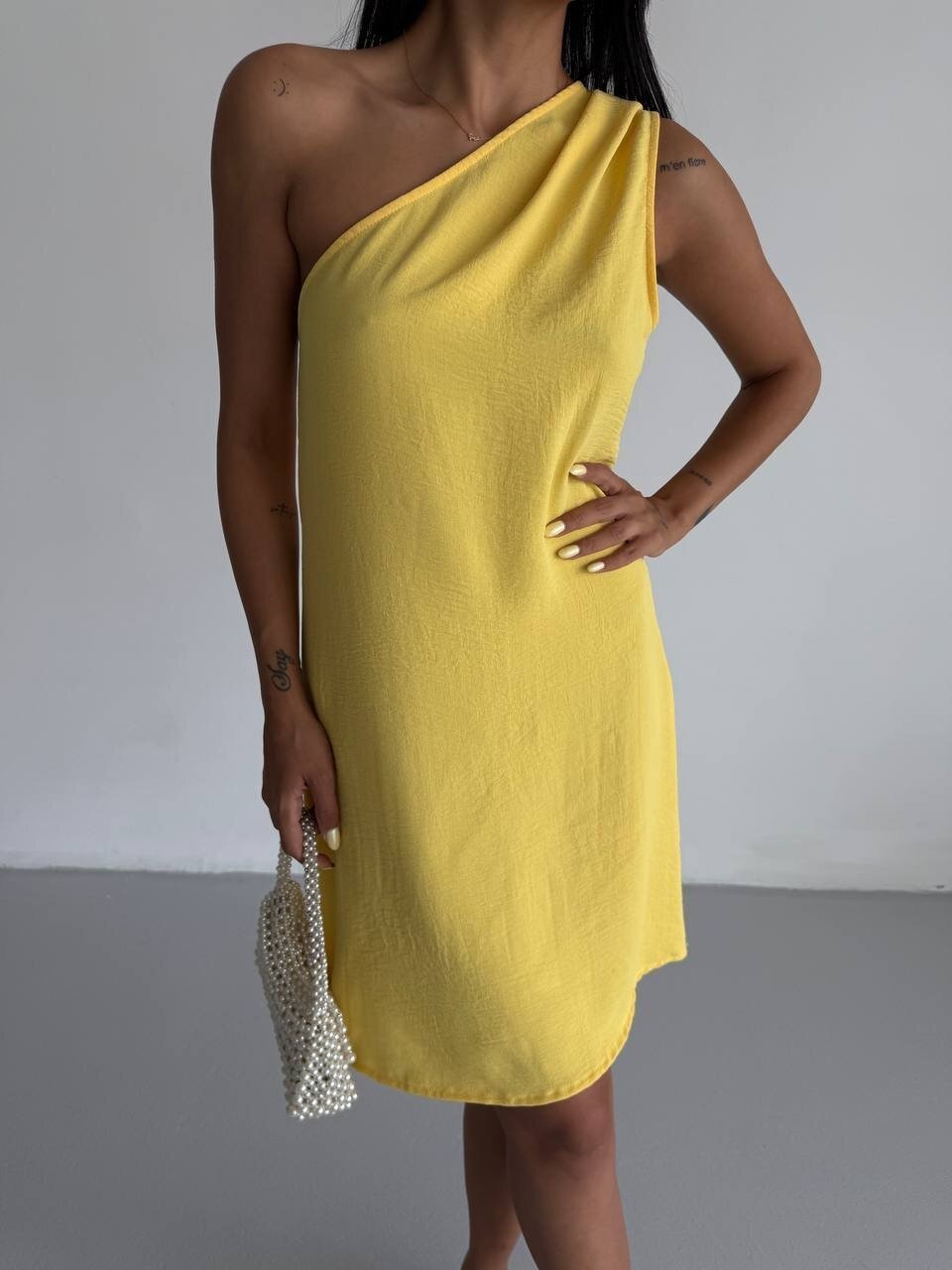 Kadın Sarı Ayrobin Kumaş Tek Omuz Elbise