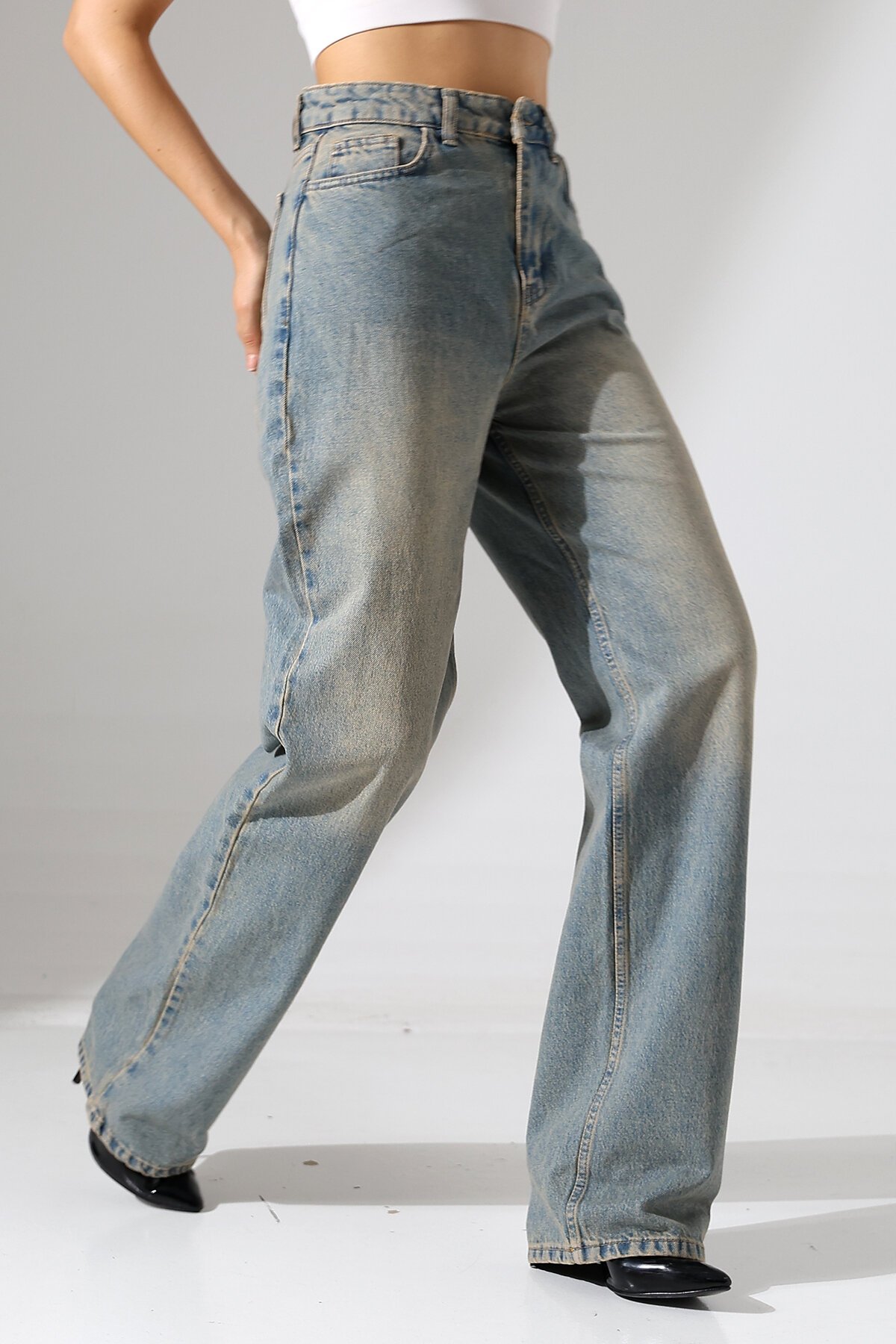 Kadın Vintage Yıkama Yüksek Bel Bol Paça Jean