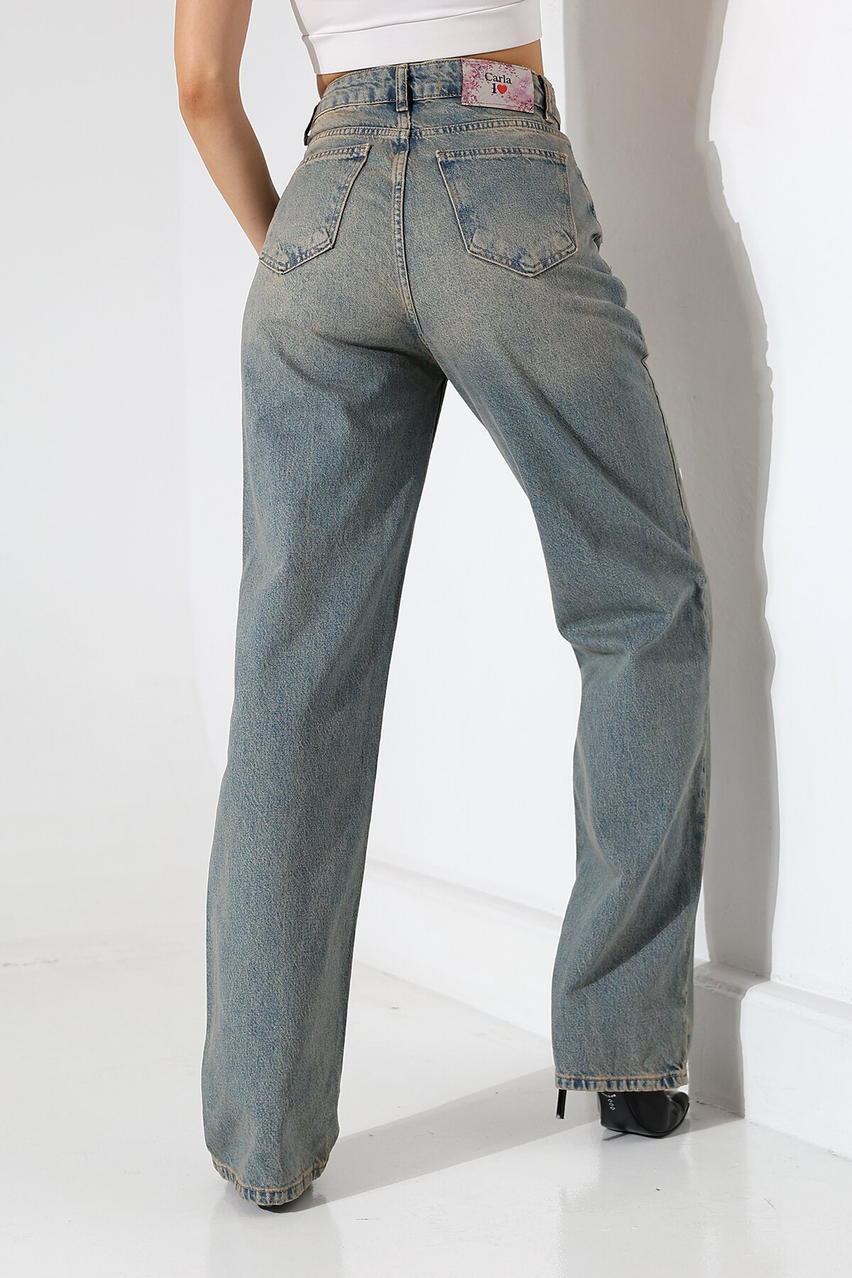 Kadın Vintage Yıkama Yüksek Bel Bol Paça Jean