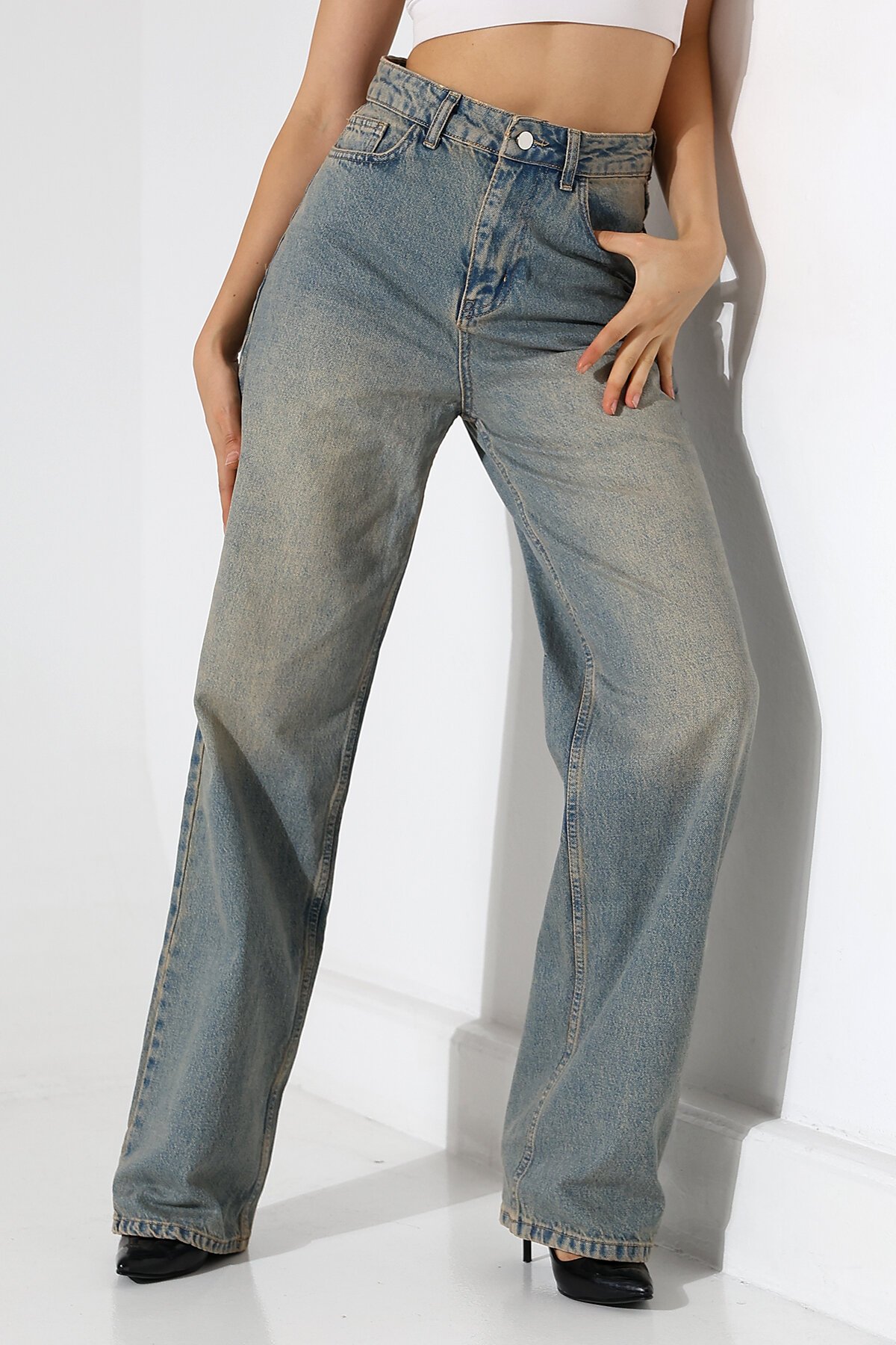 Kadın Vintage Yıkama Yüksek Bel Bol Paça Jean