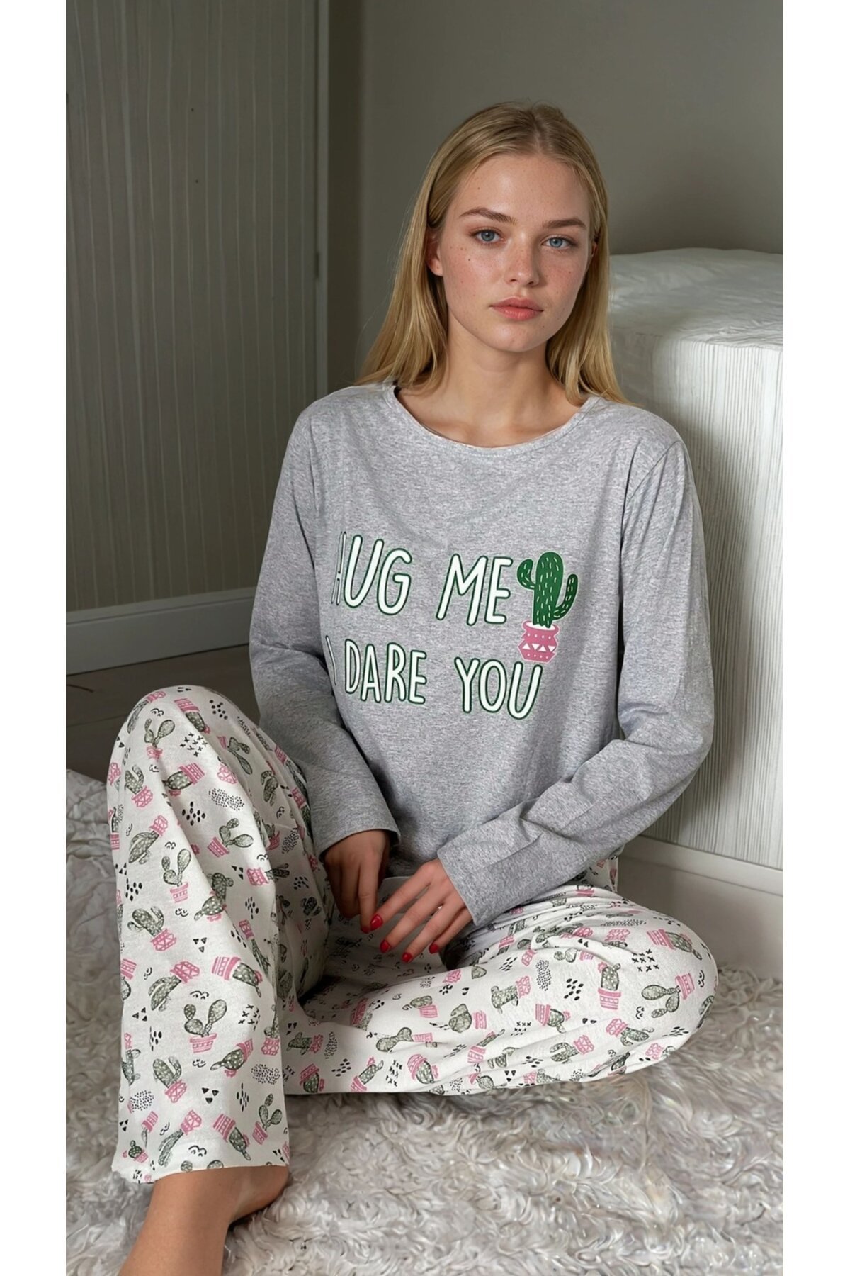 Kaktüs Desenli Uzun Kol Kadın Pijama Takımı