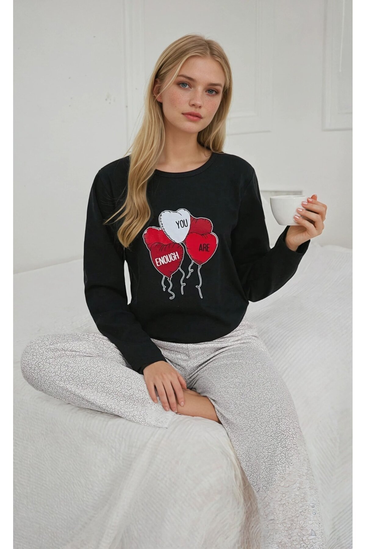 Kalp Balon Baskılı Şardonlu Kadın Pijama Takımı