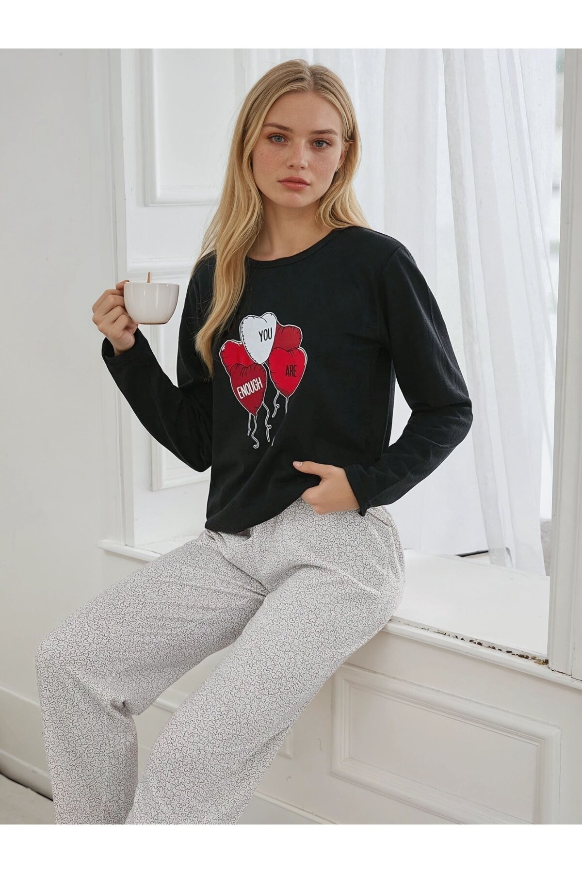 Kalp Balon Baskılı Şardonlu Kadın Pijama Takımı