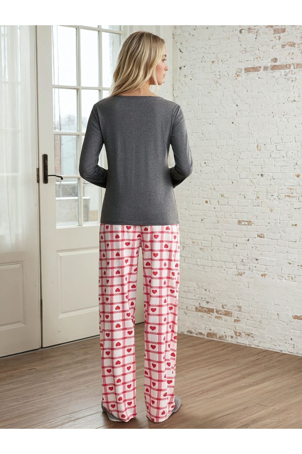 Kalp Baskılı Uzun Kollu Pijama Takım