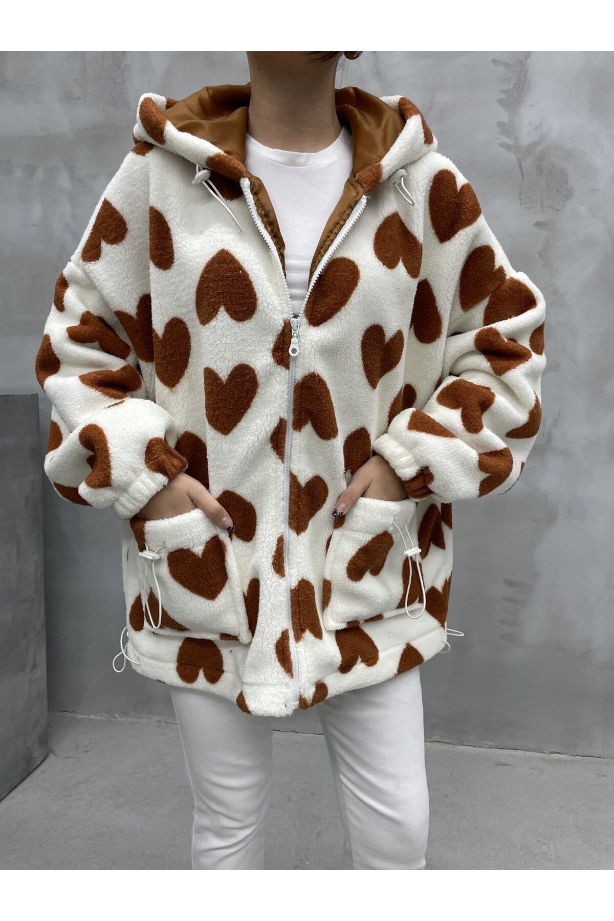 Kalp Desen Polar Kapşonlu Sweat