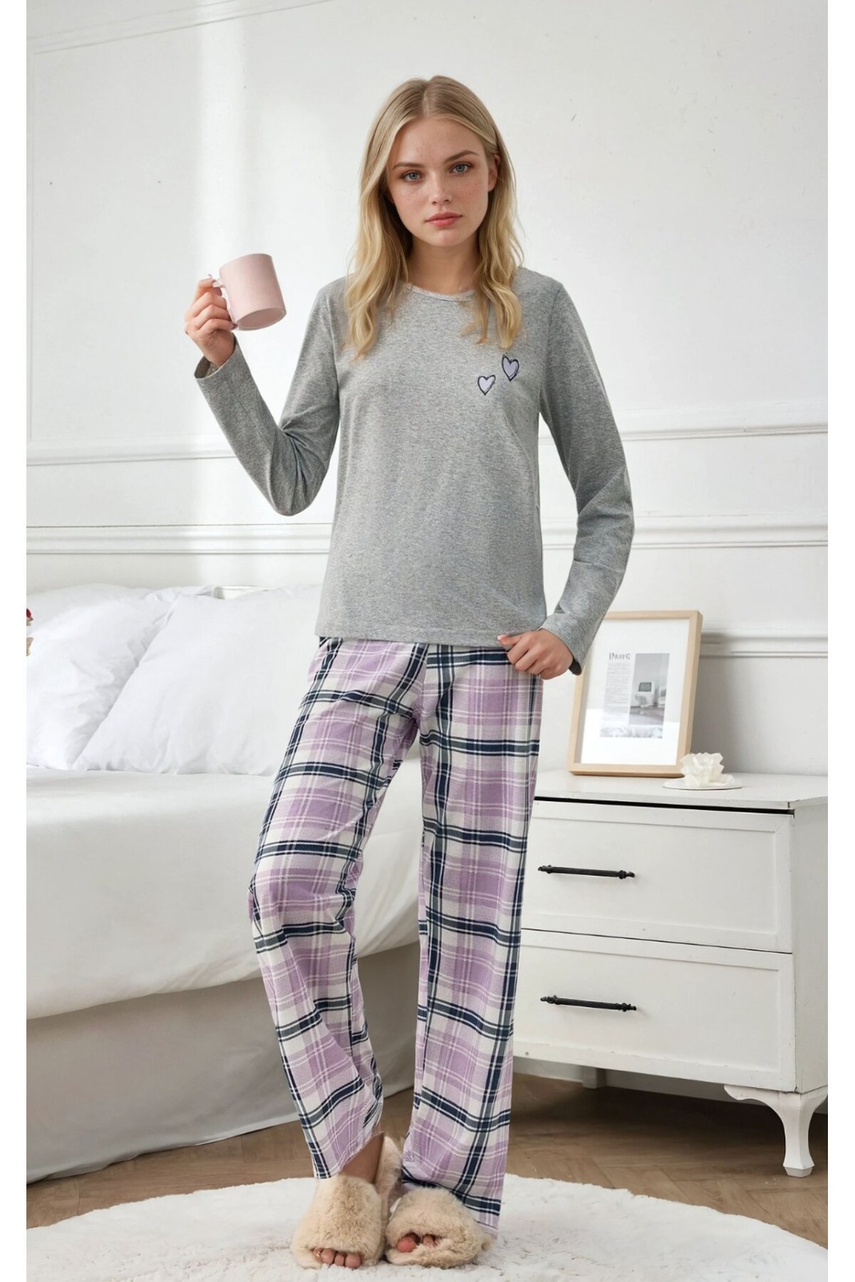 Kalpli Gri Üst Lila Ekose Alt Uzun Kollu Pijama Takımı