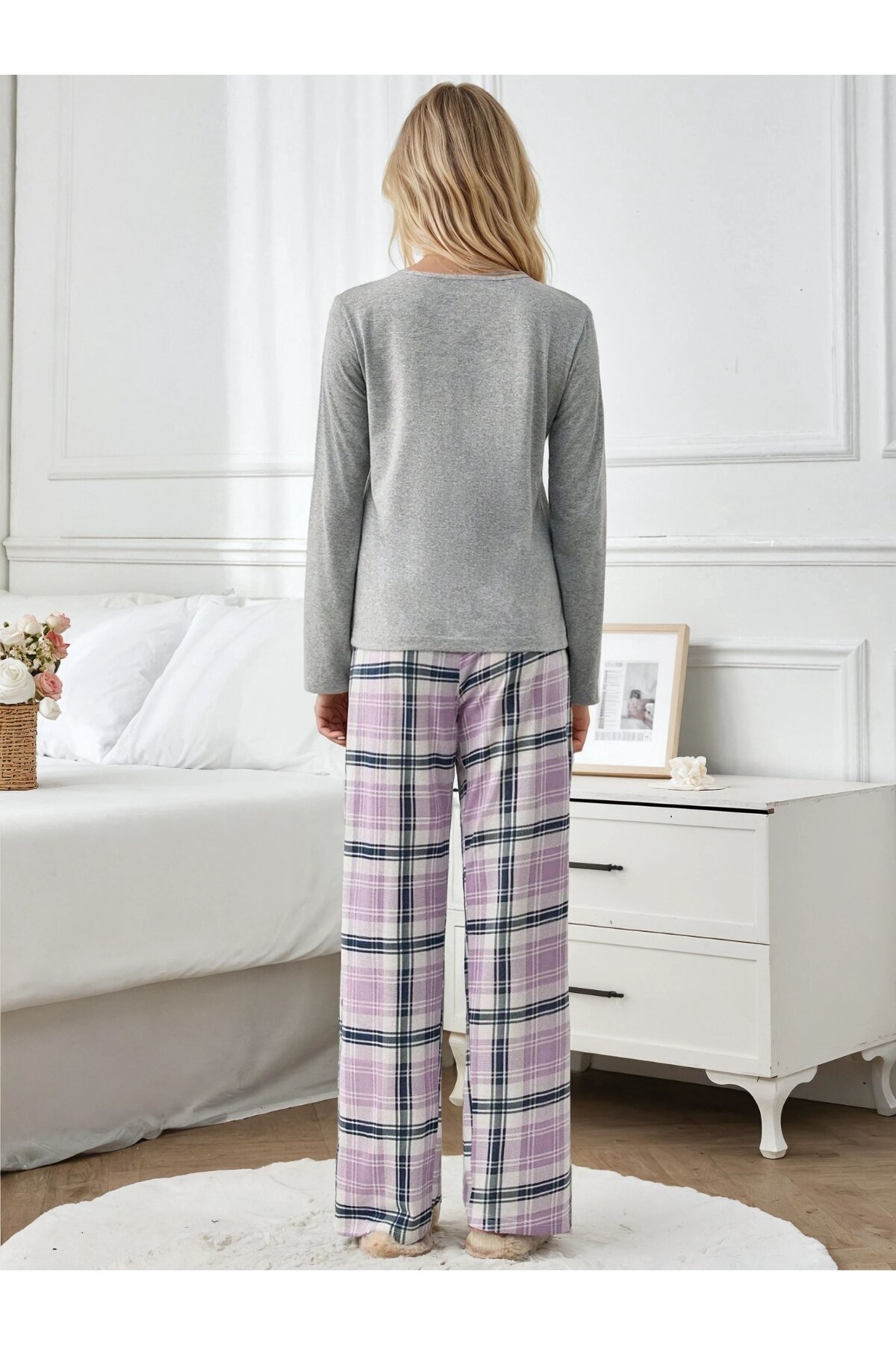 Kalpli Gri Üst Lila Ekose Alt Uzun Kollu Pijama Takımı