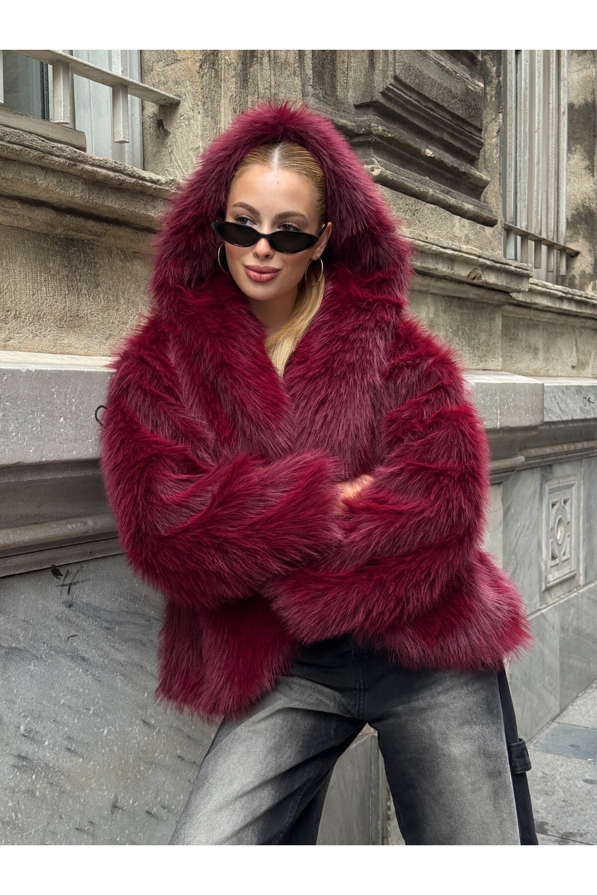 Kapşonlu Kürk Ceket Bordo