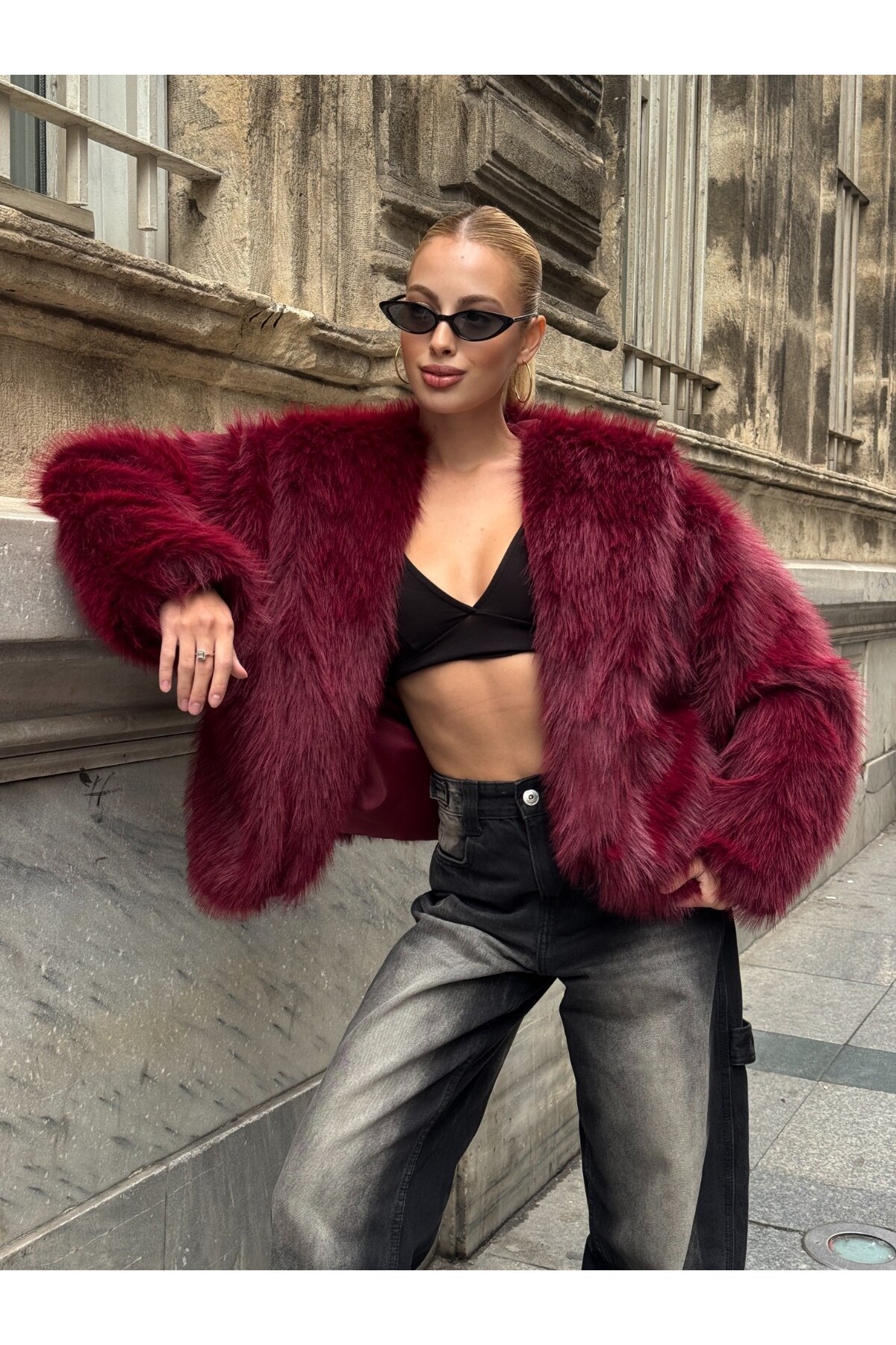 Kapşonlu Kürk Ceket Bordo