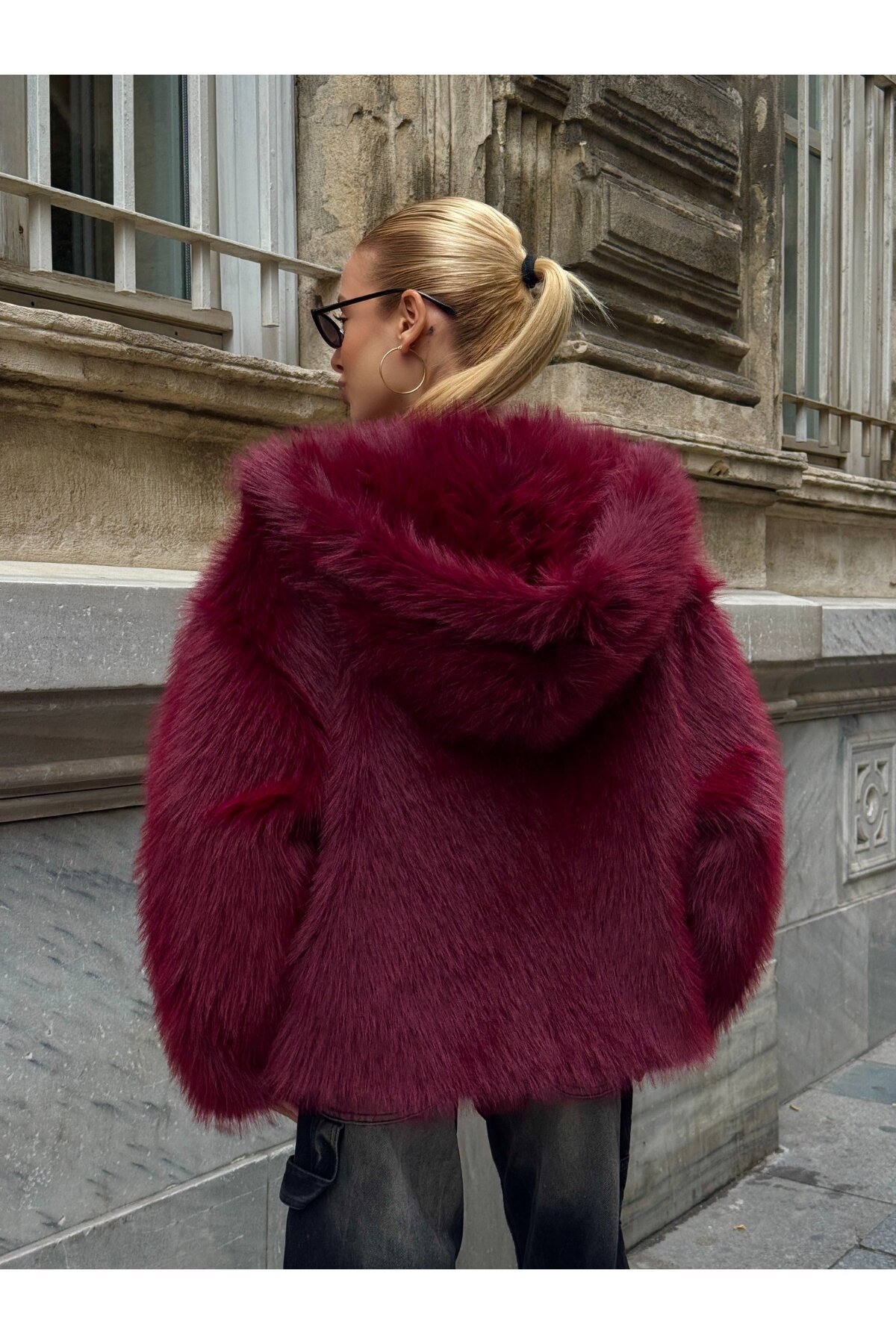 Kapşonlu Kürk Ceket Bordo