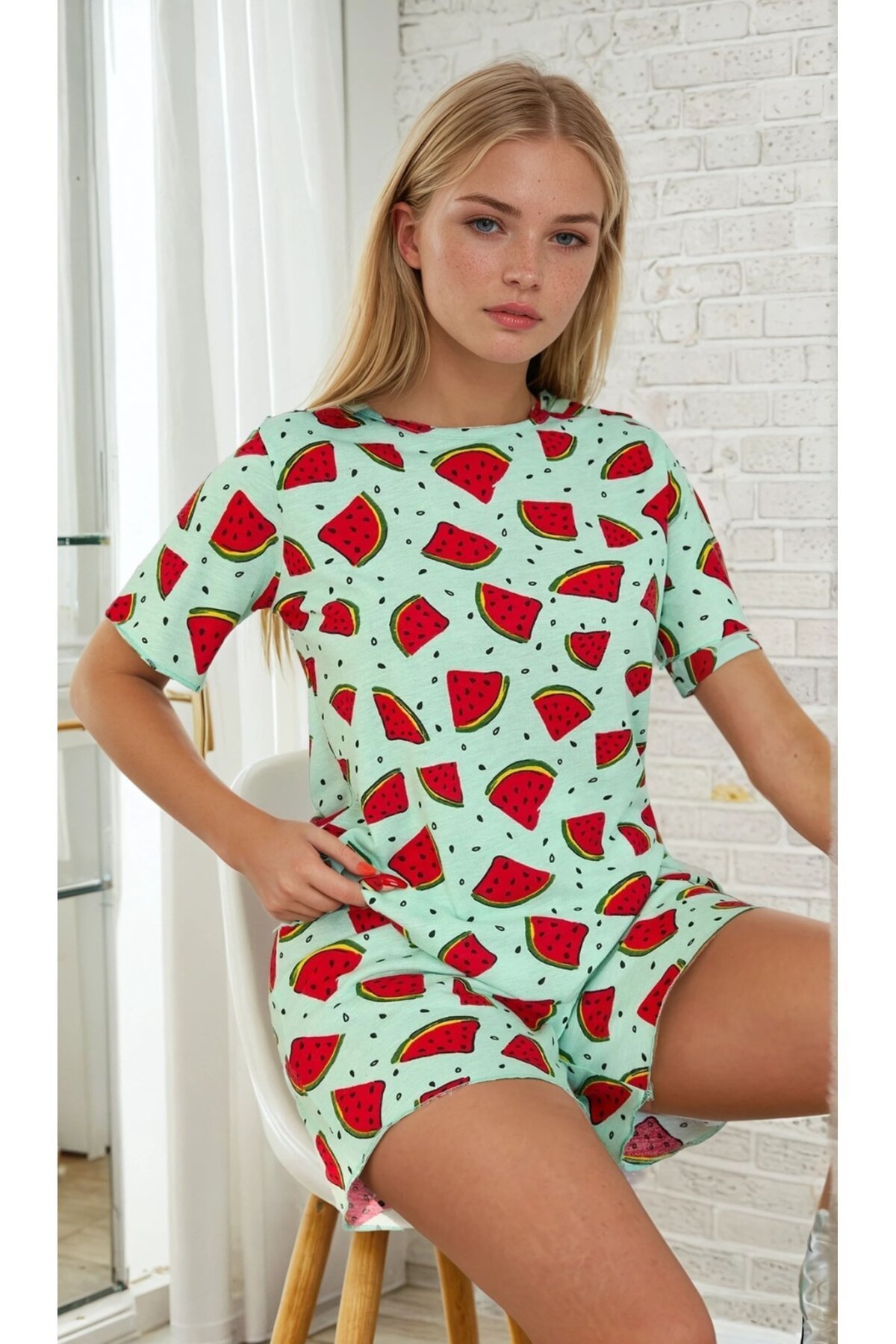 Karpuz Desenli Kısa Kollu Şortlu Kadın Pijama Takımı