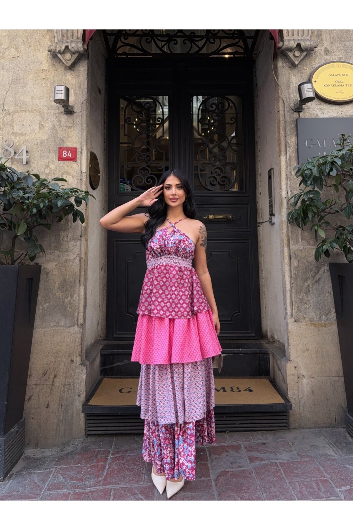 Kat Kat Desenli Tasarım Elbise