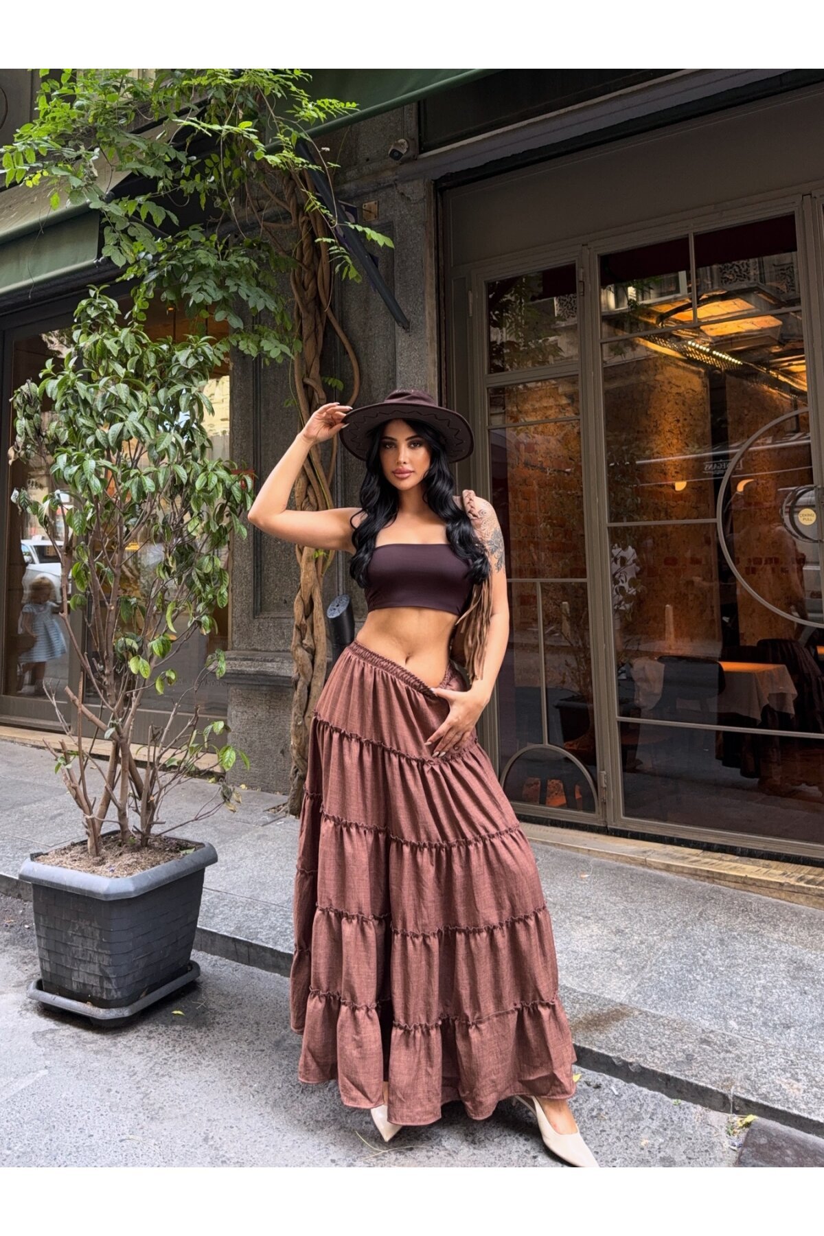 Kat Kat Pileli Kahverengi Etek