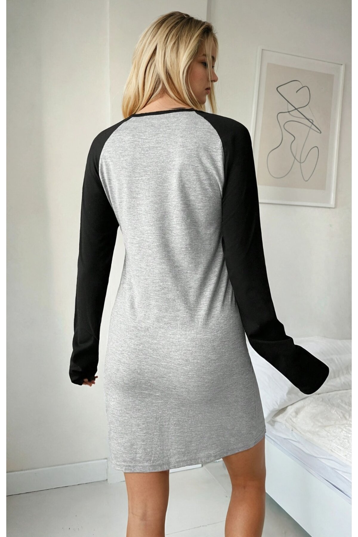 Kedi Surat Baskılı Uzun Kollu Gri Kadın Gecelik