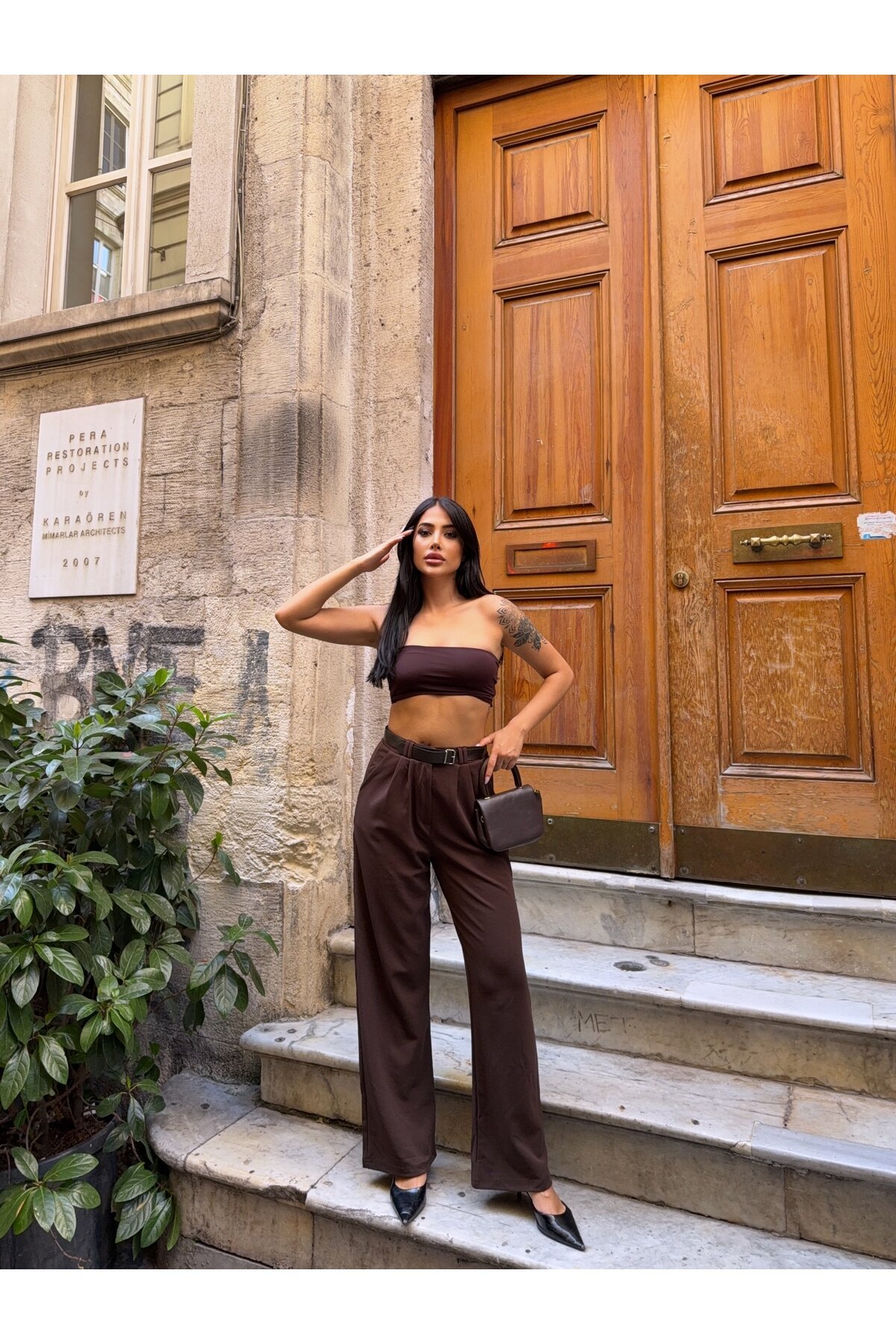 Kemerli Çift Pile Detay Palazzo Pantolon