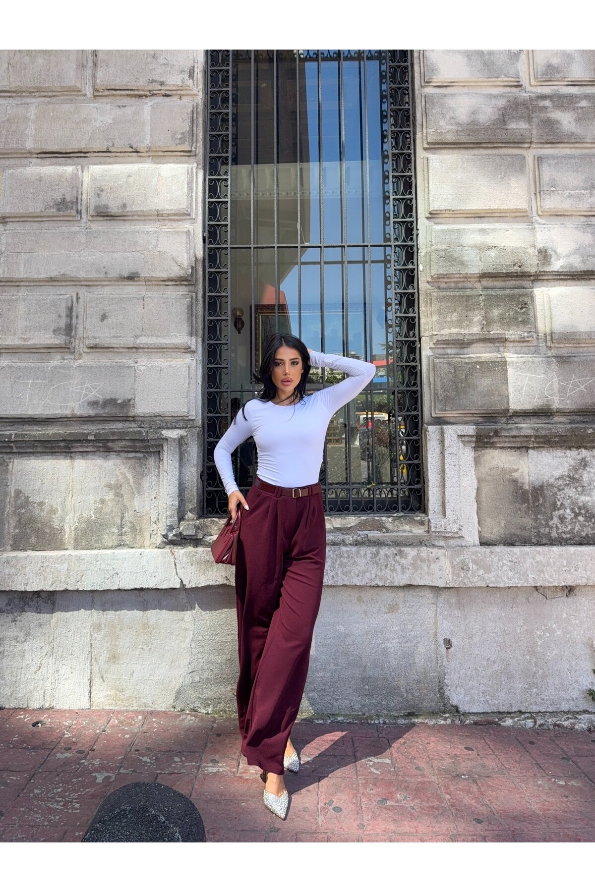 Kemerli Çift Pile Detay Palazzo Pantolon