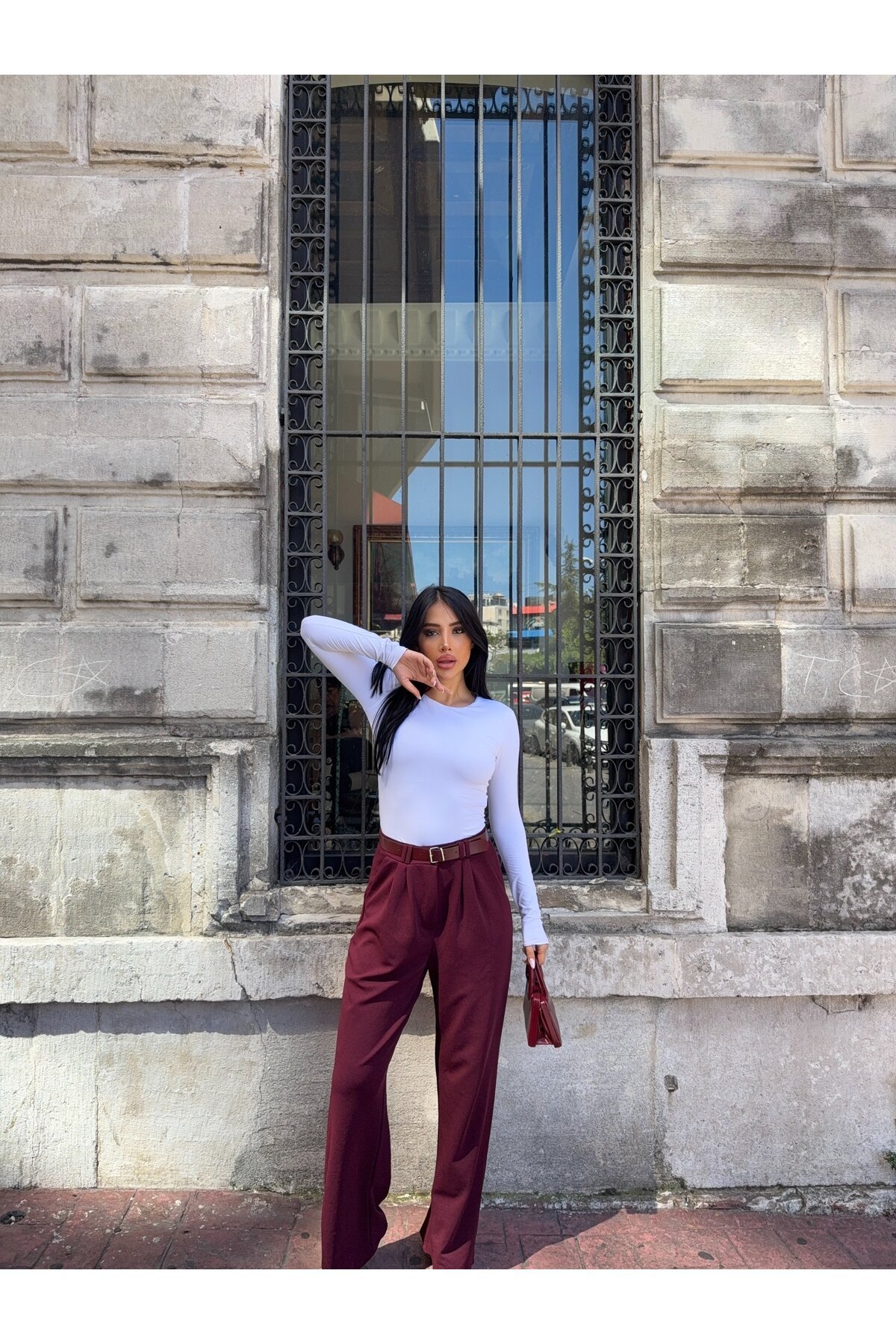 Kemerli Çift Pile Detay Palazzo Pantolon