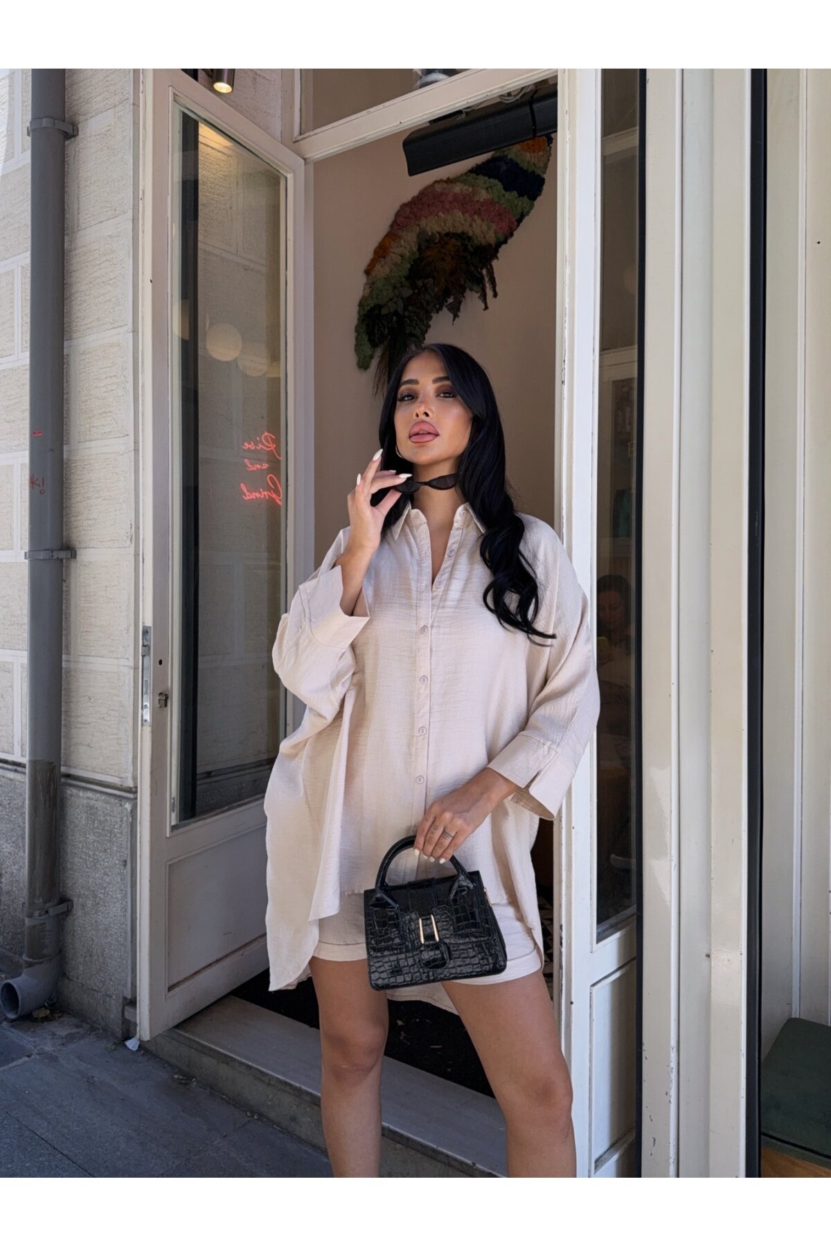 Keten Arkası Uzun Salaş Gömlek Şort Takım Bej