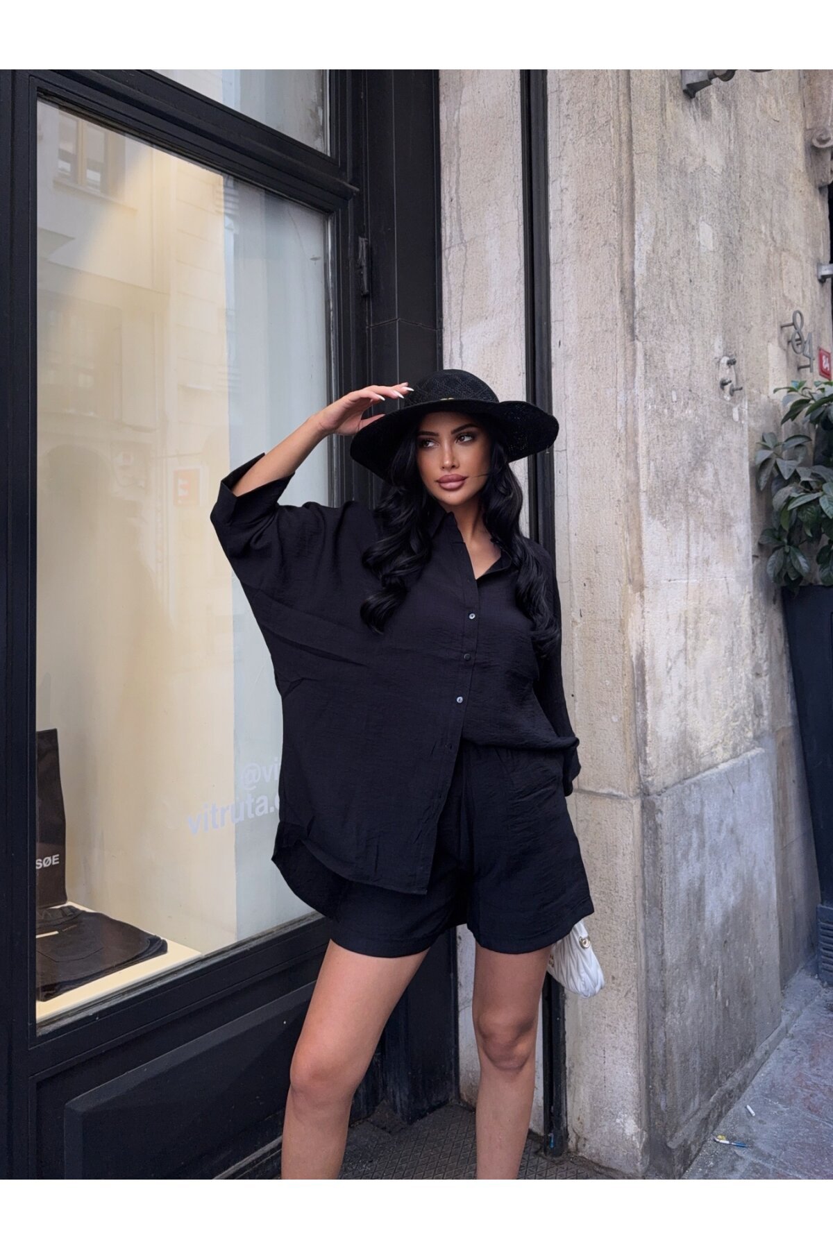 Keten Arkası Uzun Salaş Gömlek Şort Takım Siyah