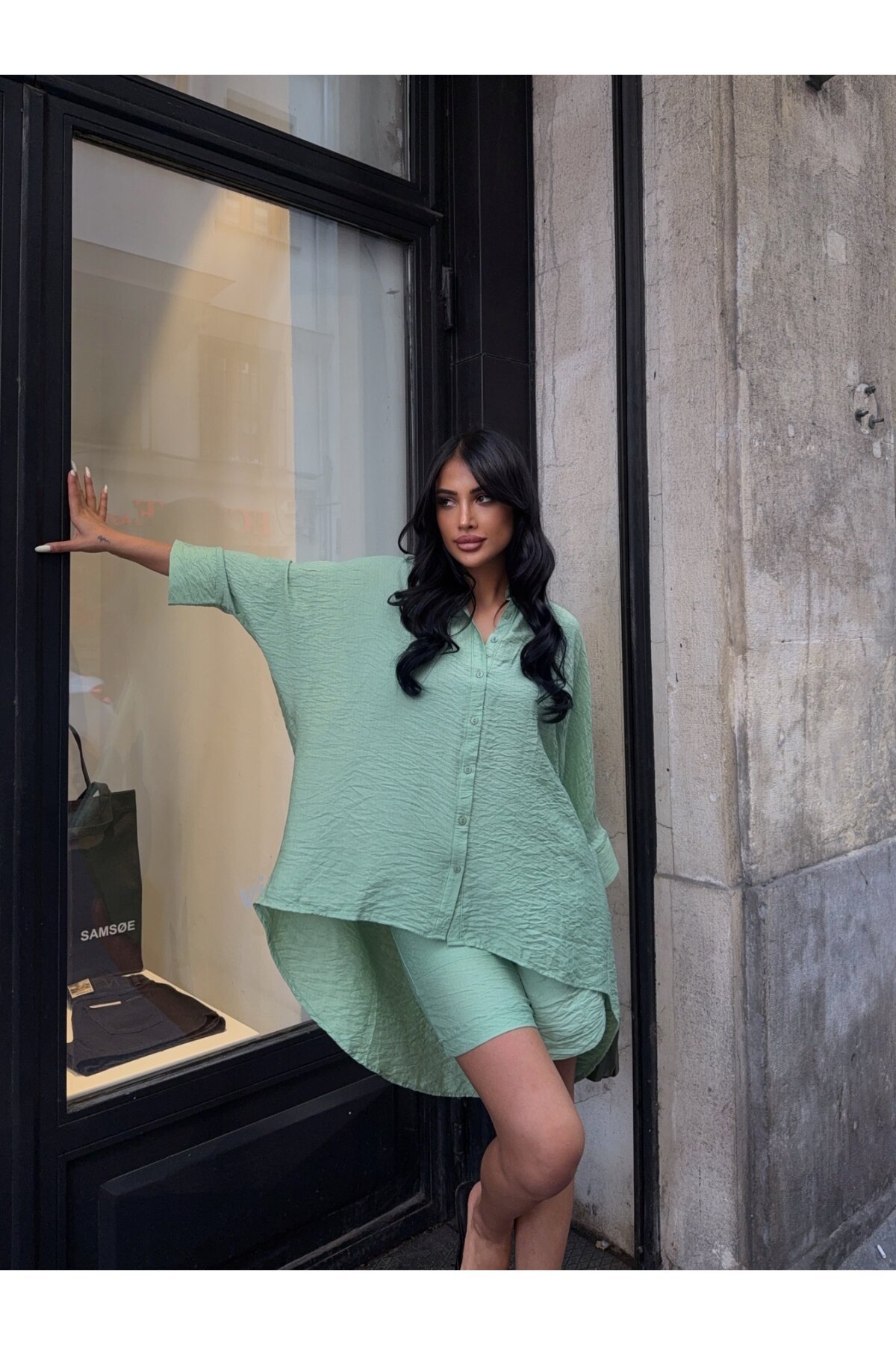 Keten Arkası Uzun Salaş Gömlek Şort Takım Yeşil