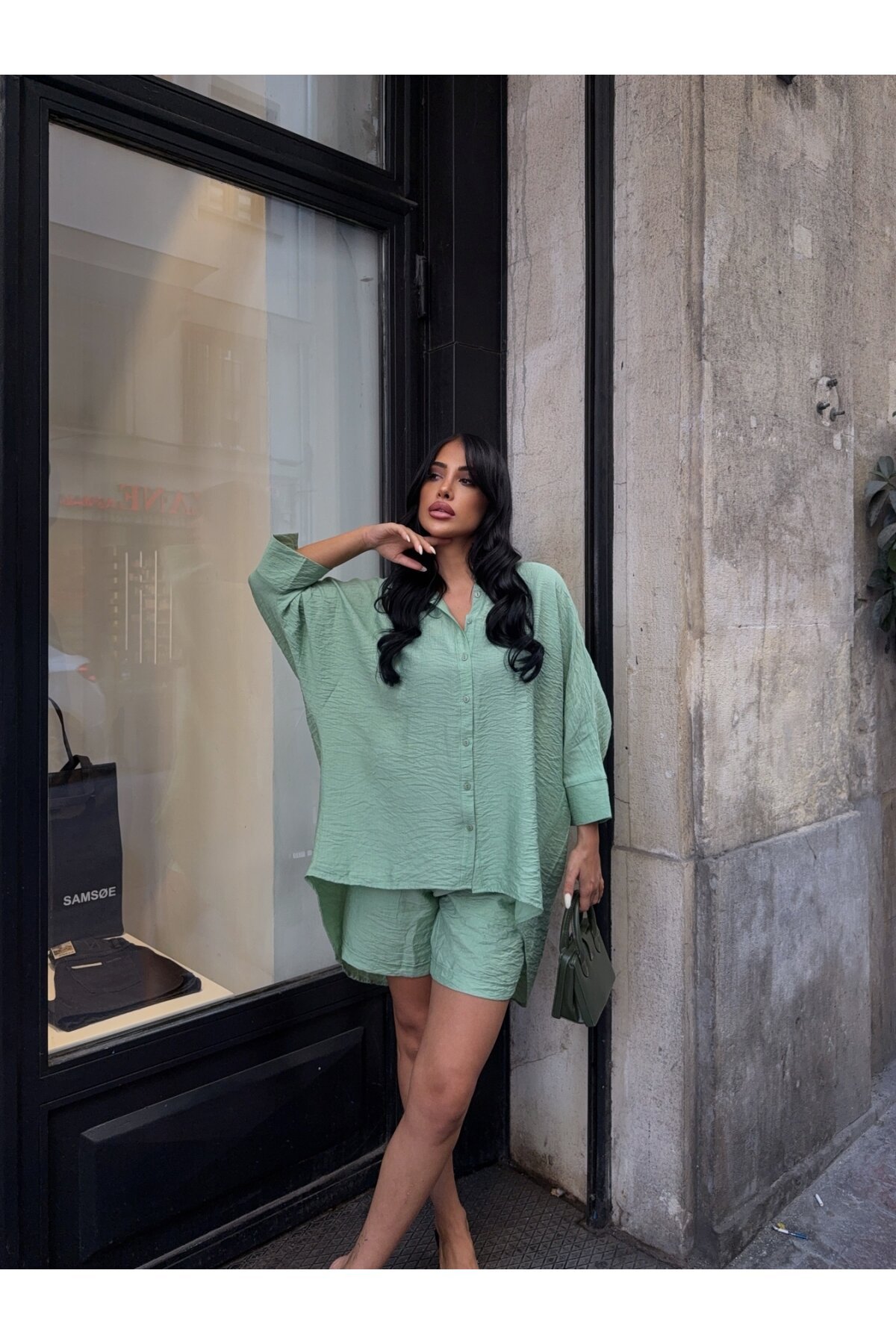 Keten Arkası Uzun Salaş Gömlek Şort Takım Yeşil