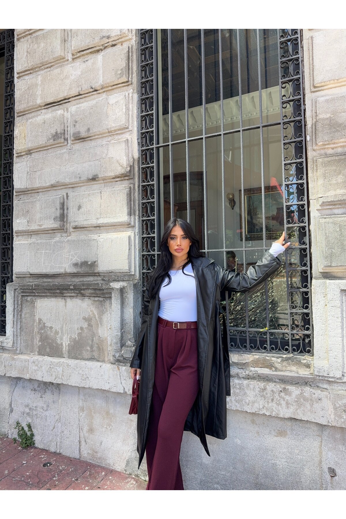 Kuşaklı Uzun Deri Pardösü