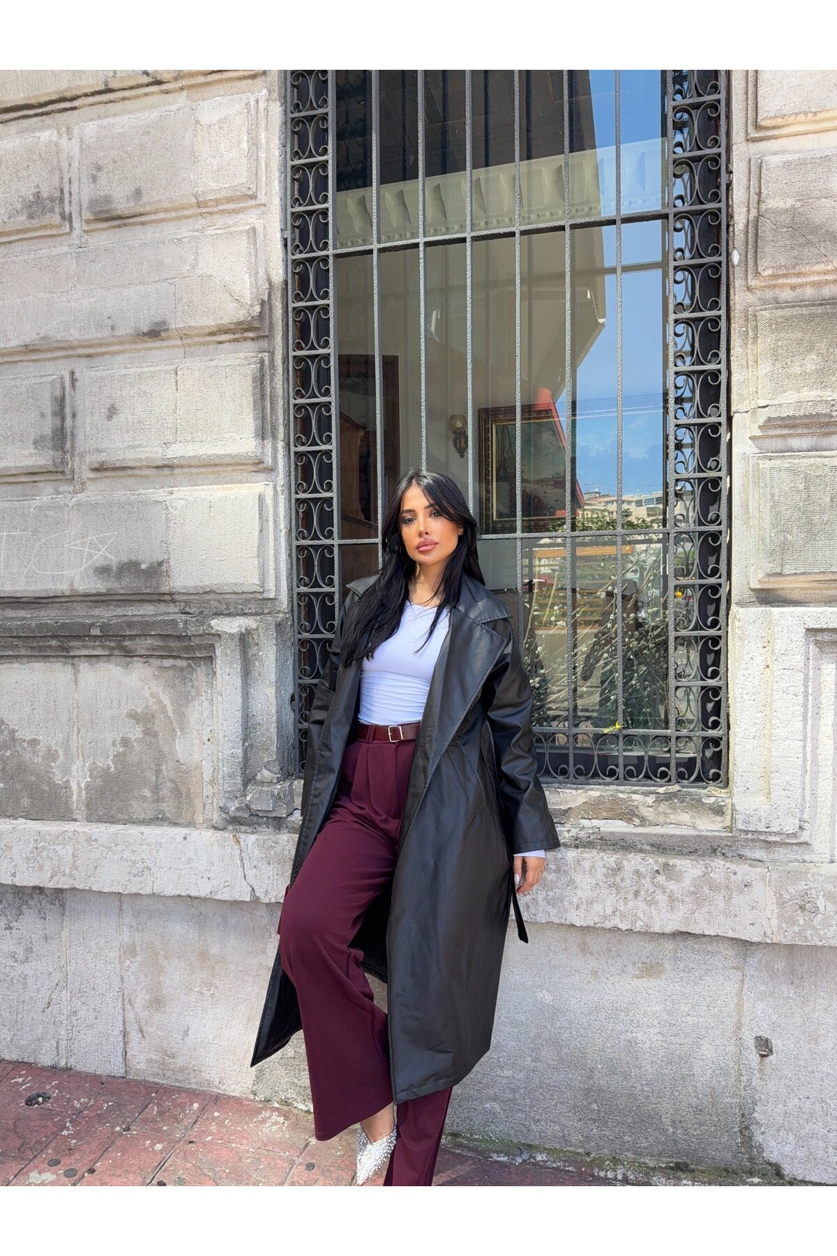 Kuşaklı Uzun Deri Pardösü