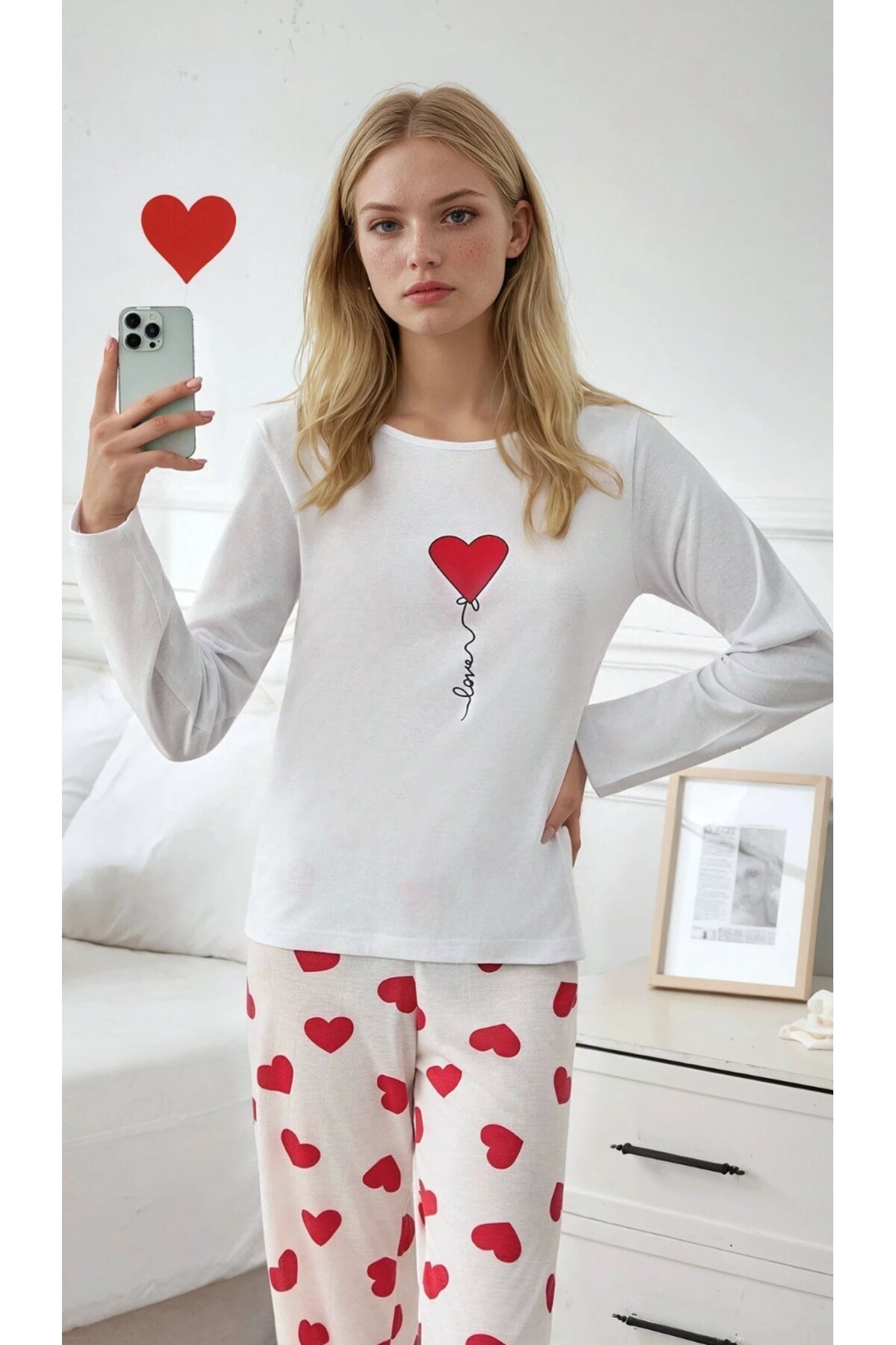 Love Balloon Baskılı Kalpli Uzun Kol Kadın Pijama Takımı