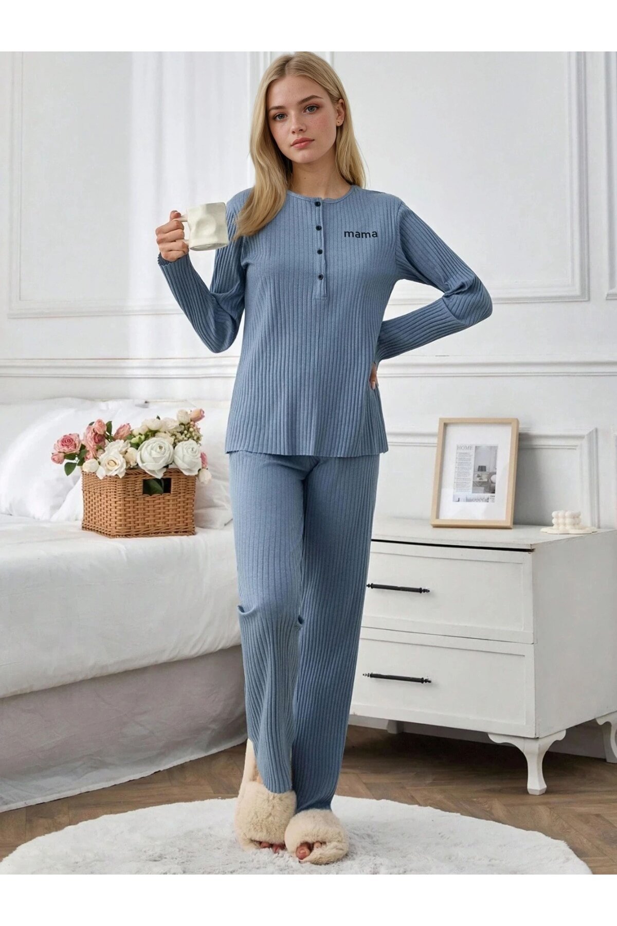 Mama Mood Kadın Düğmeli Ribana Pijama Takım