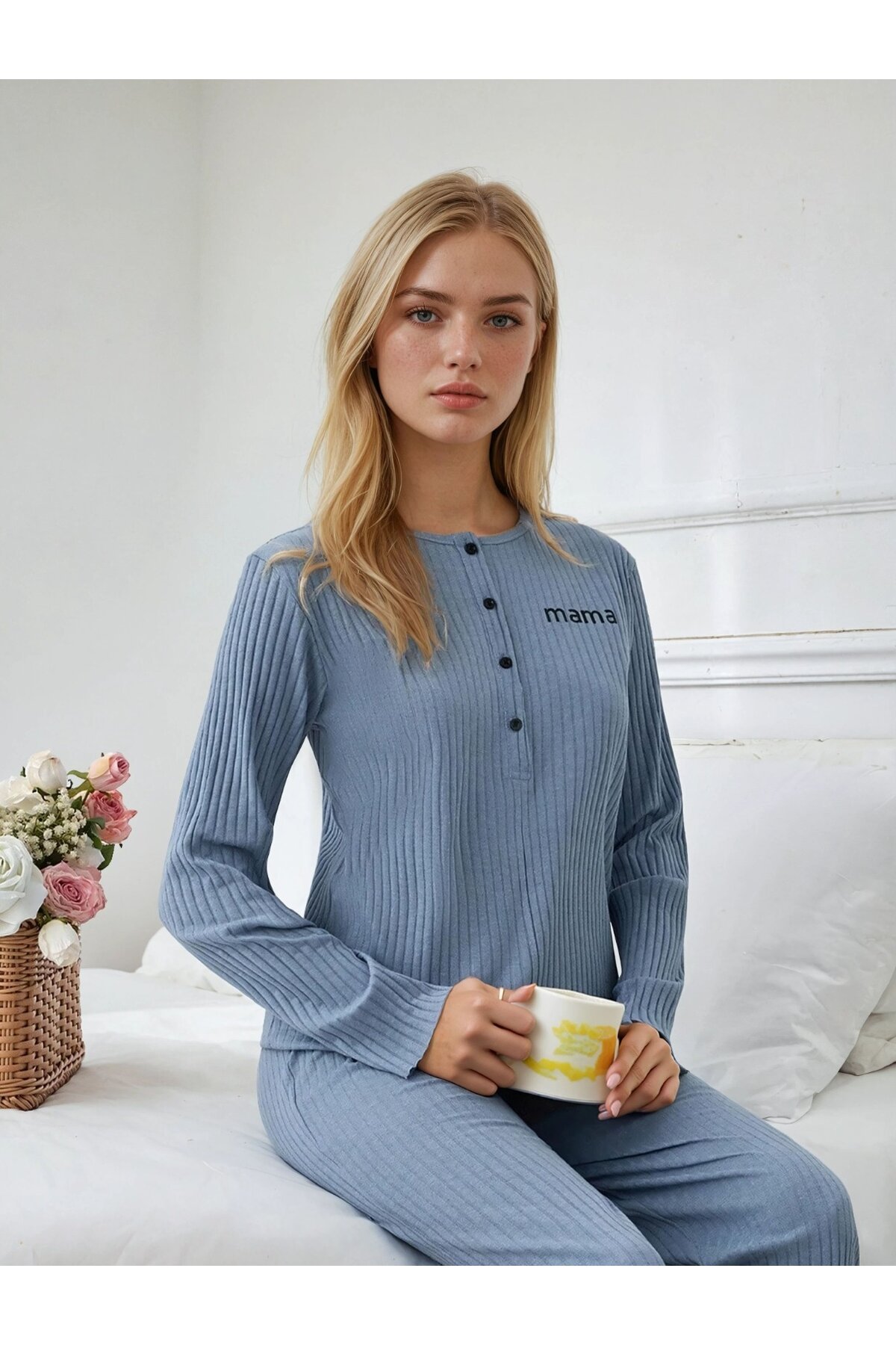 Mama Mood Kadın Düğmeli Ribana Pijama Takım