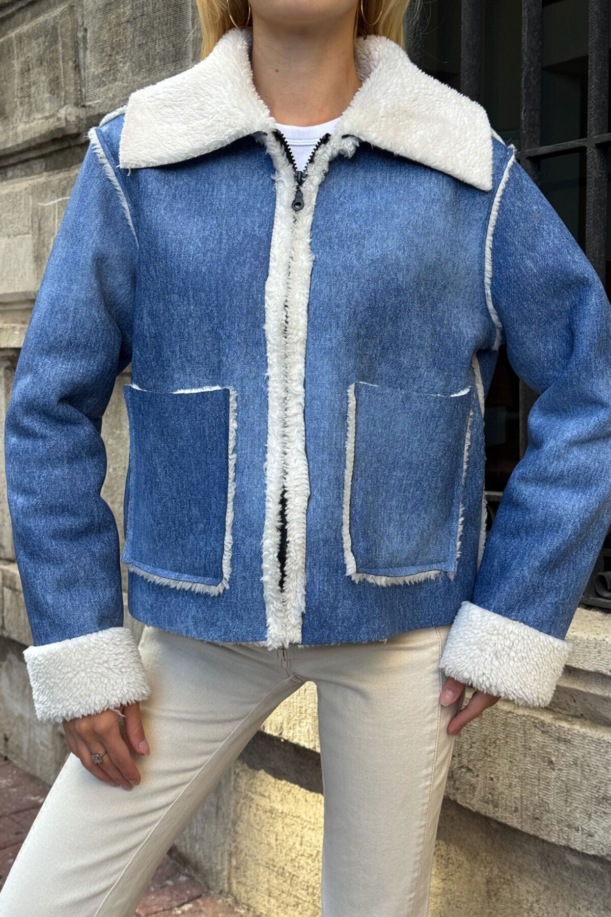 Mavi Çift Cepli İçi Suni Kürklü Biker Mont