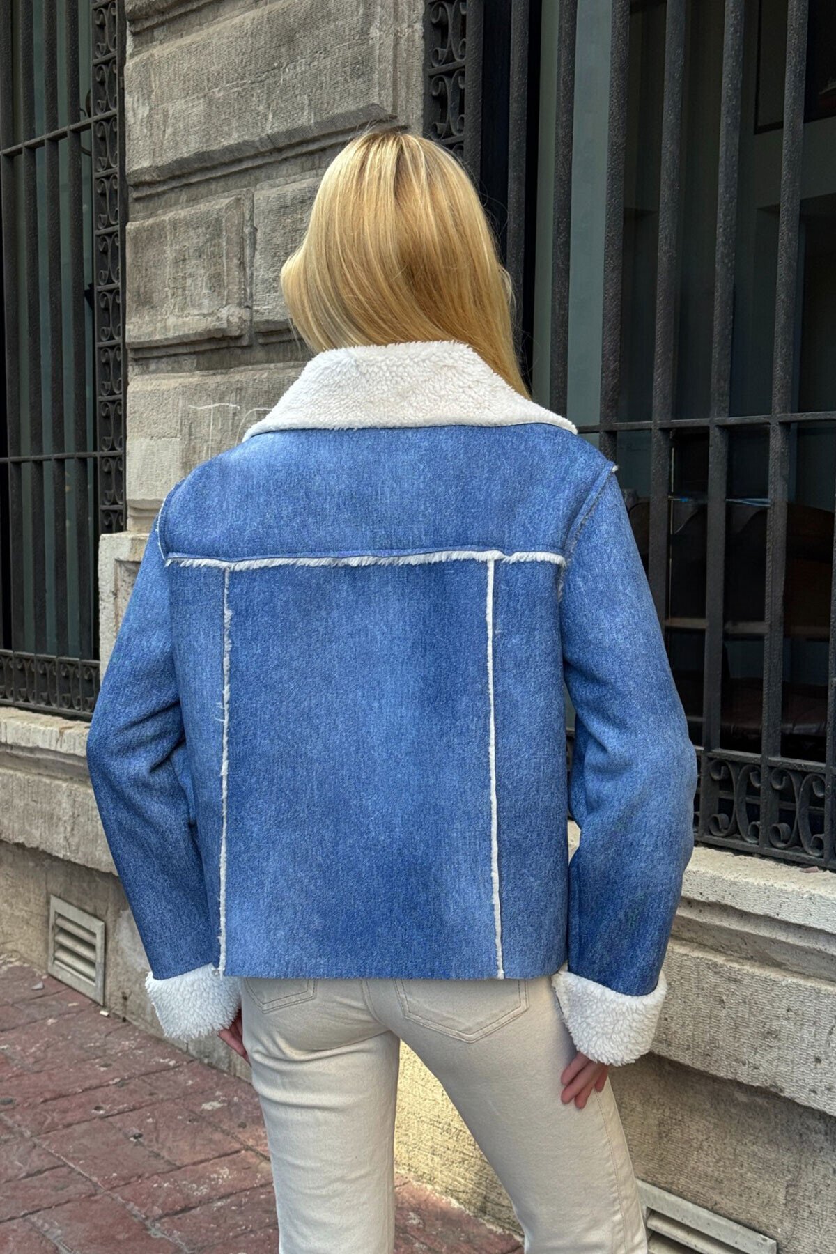 Mavi Çift Cepli İçi Suni Kürklü Biker Mont