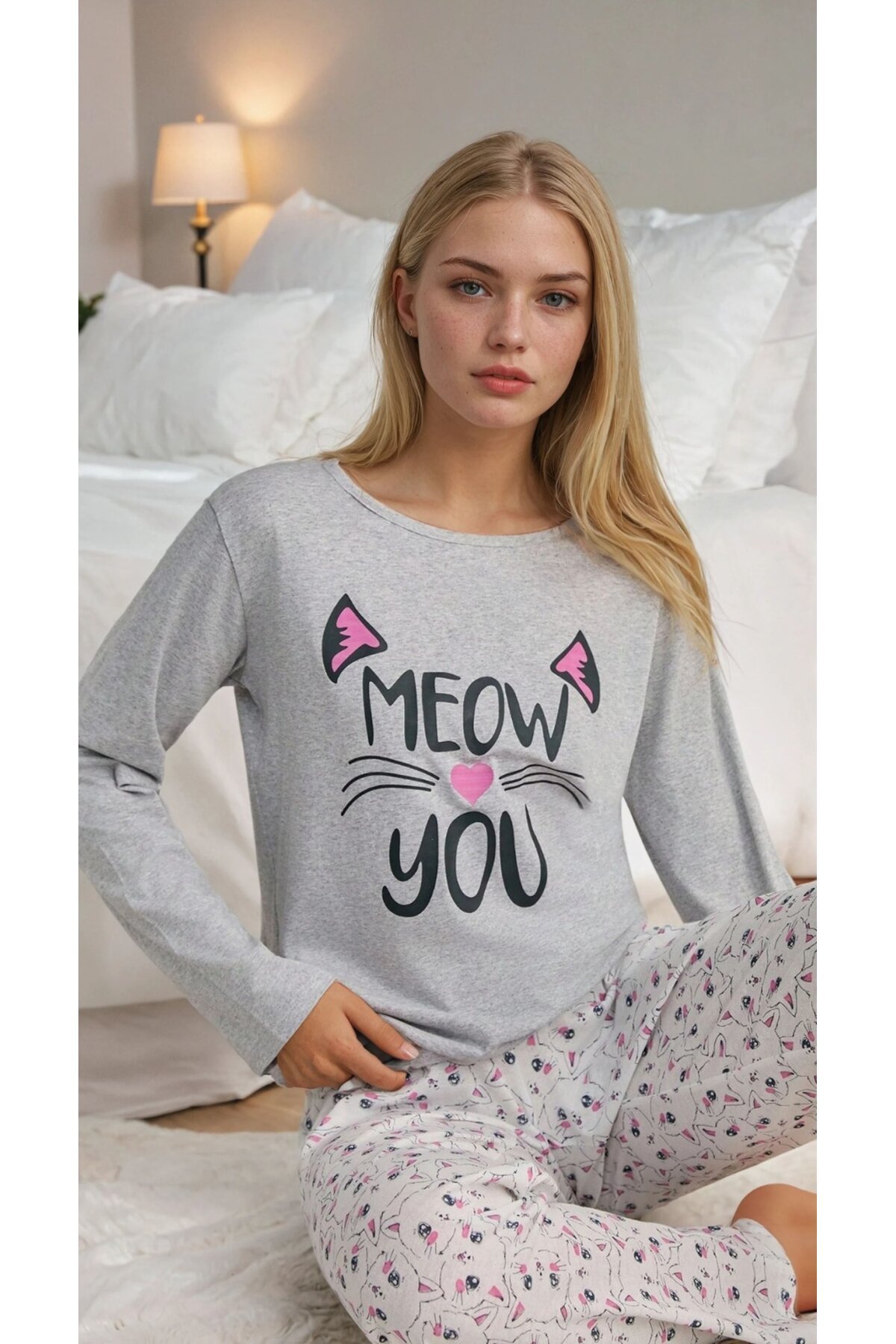 Meow You Kadın Kedi Baskı Pijama Takımı