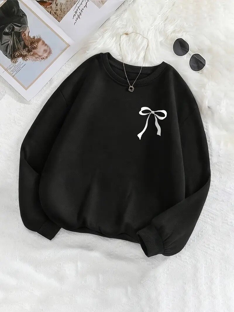 Minimal Fiyonk Baskılı Üç İplik Siyah Sweatshirt