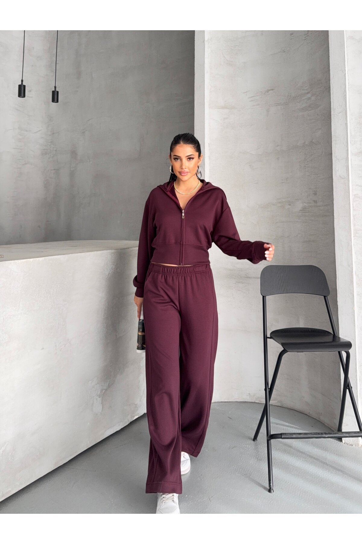 Modal Kumaş Crop Üst Eşofman Takım Bordo