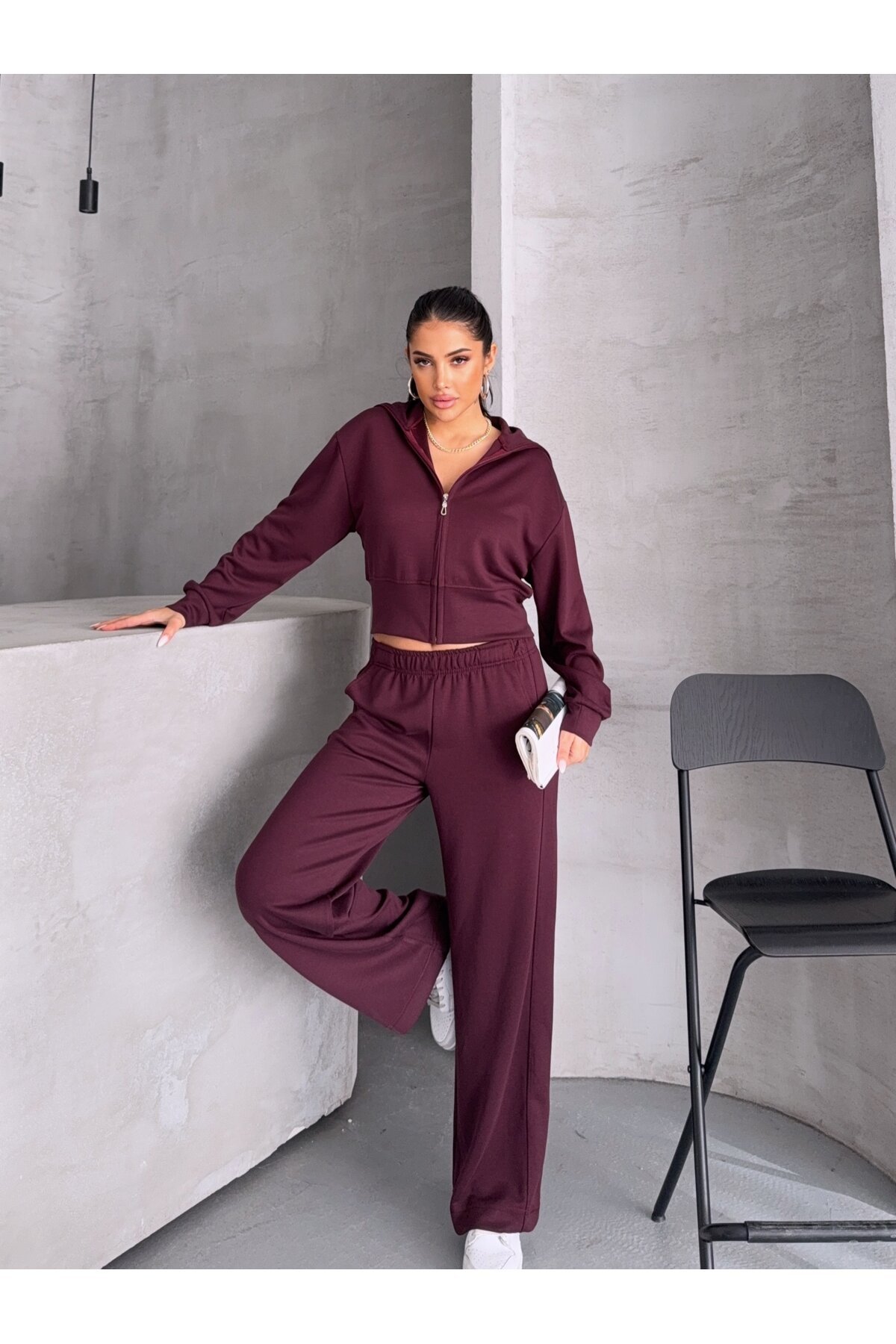 Modal Kumaş Crop Üst Eşofman Takım Bordo