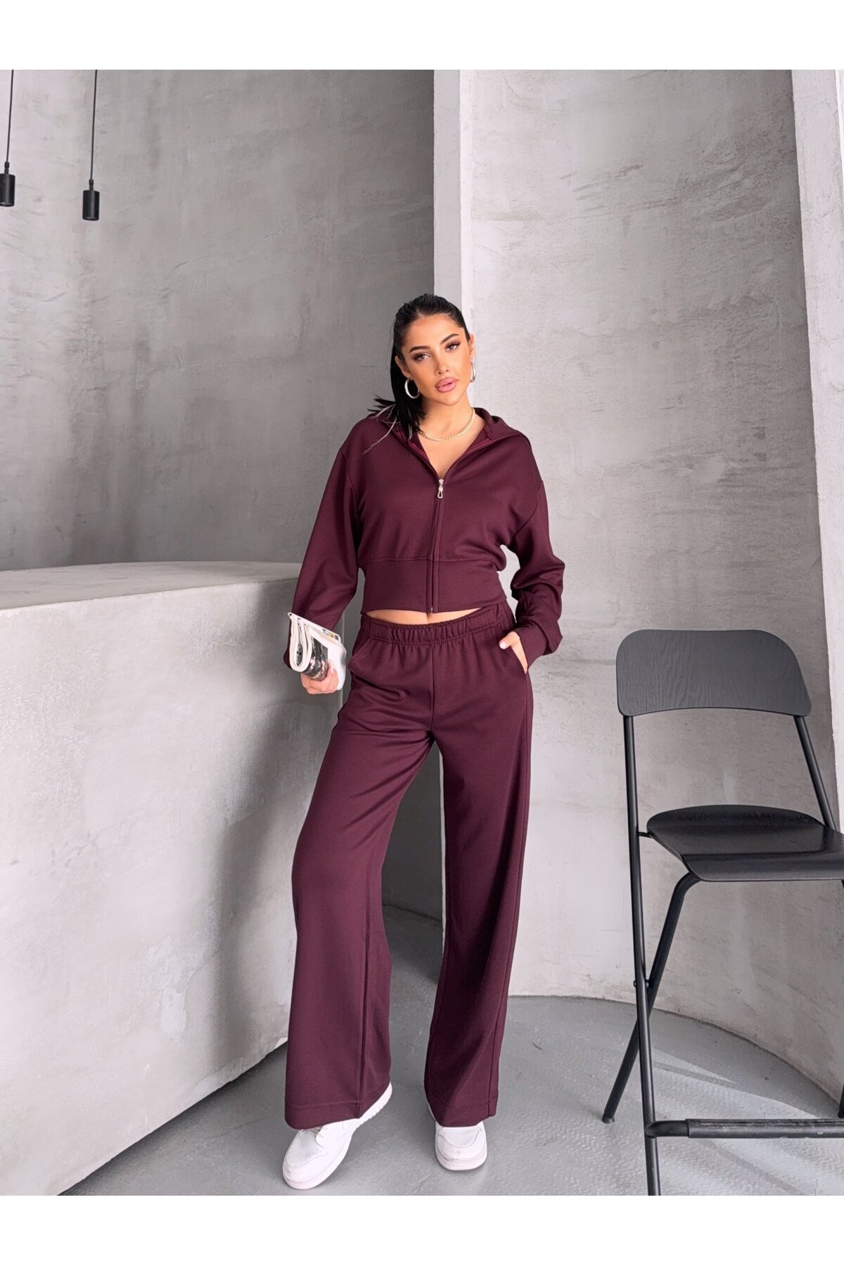 Modal Kumaş Crop Üst Eşofman Takım Bordo