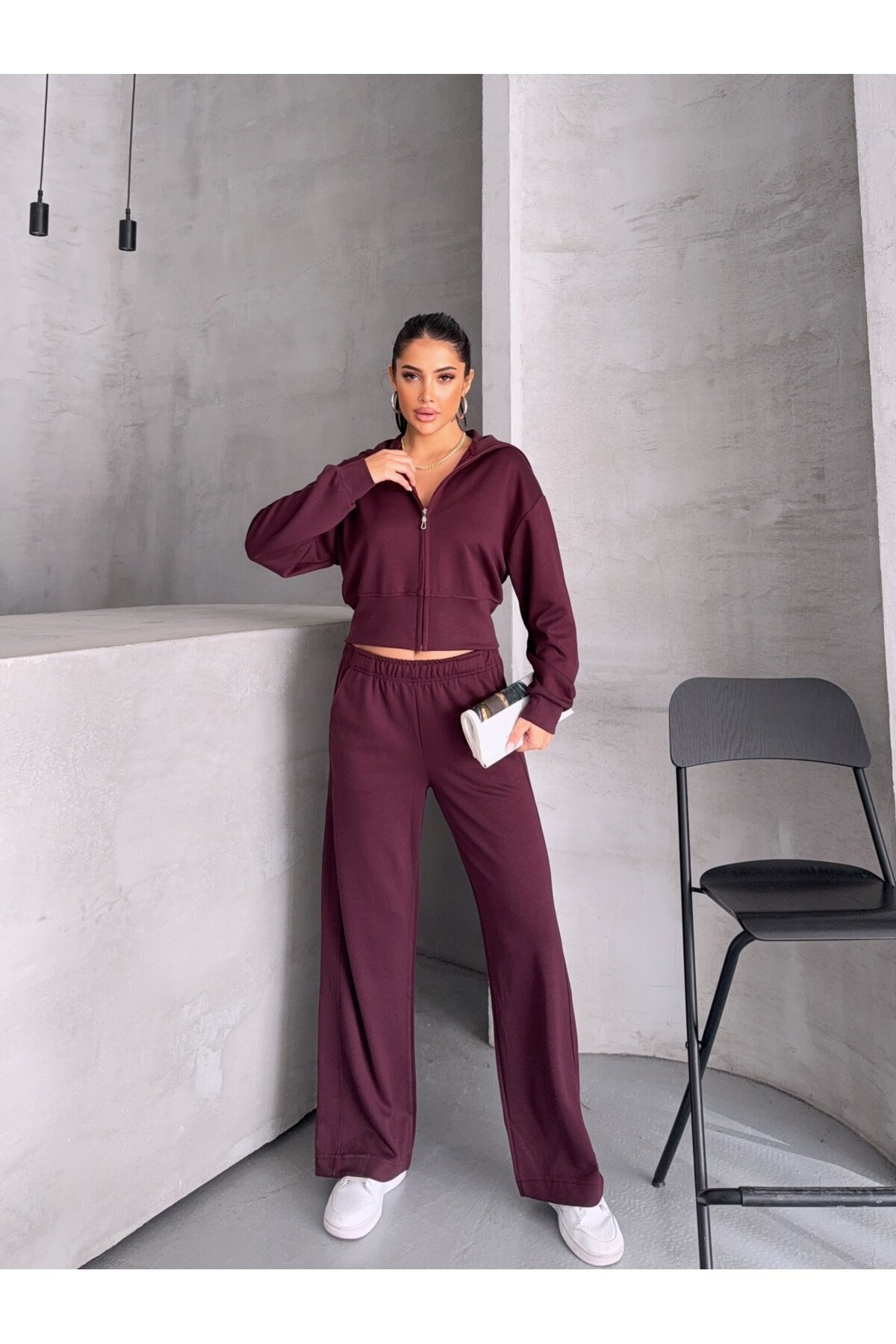 Modal Kumaş Crop Üst Eşofman Takım Bordo